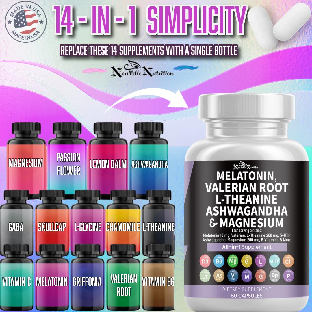 NeuVelleNutrition Melatonin Capsules with Valerian Root, Ashwagandha, L-Theanine, Magnesium, 5-HTP, GABA, Chamomile, Lemon Balm, Passion Flower, Griffonia Extract, Vitamin C & L-Glycine Supplement, 60 Count
