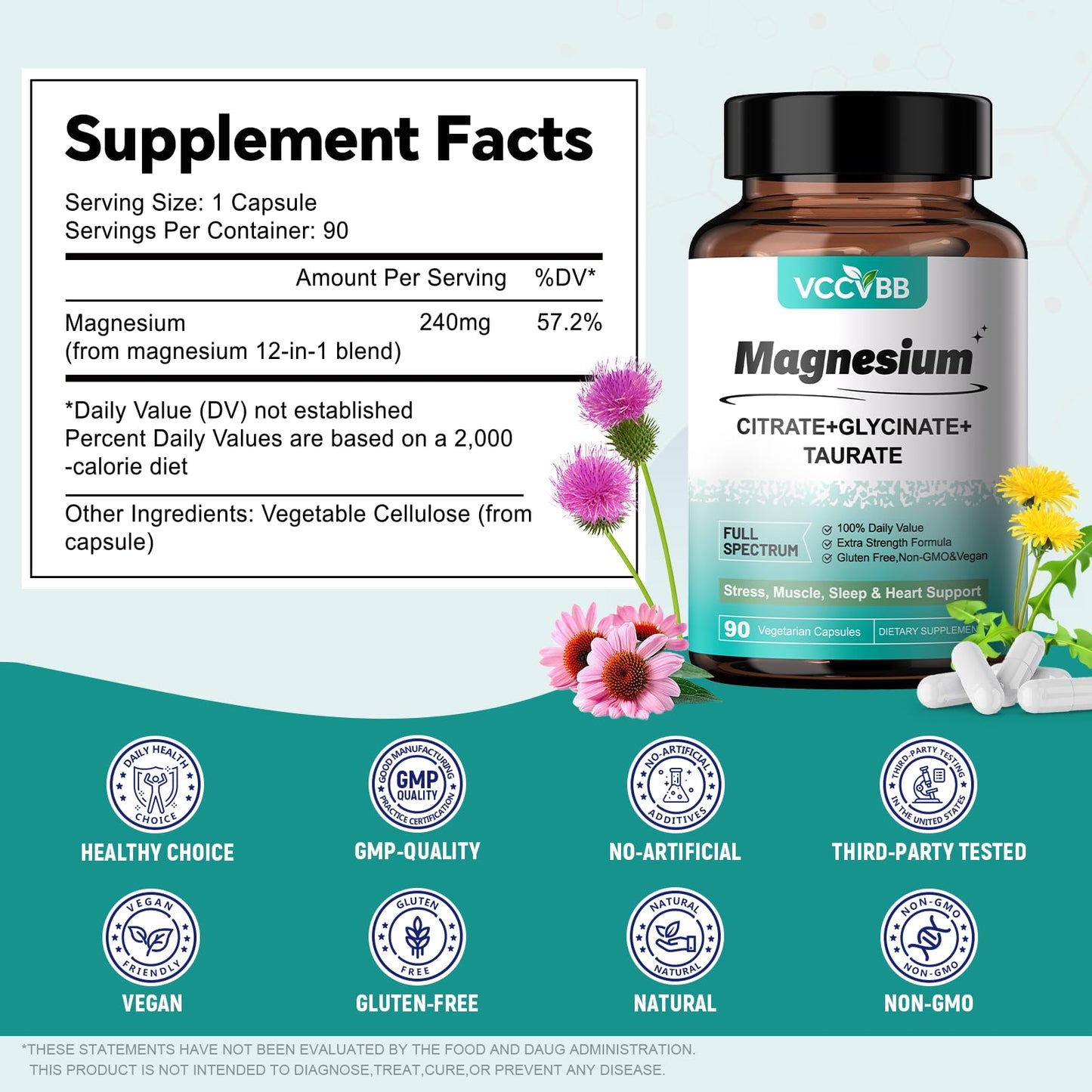 VCCVBB Magnesium Complex with Glycinate Elemental Magnesium 90 Capsules