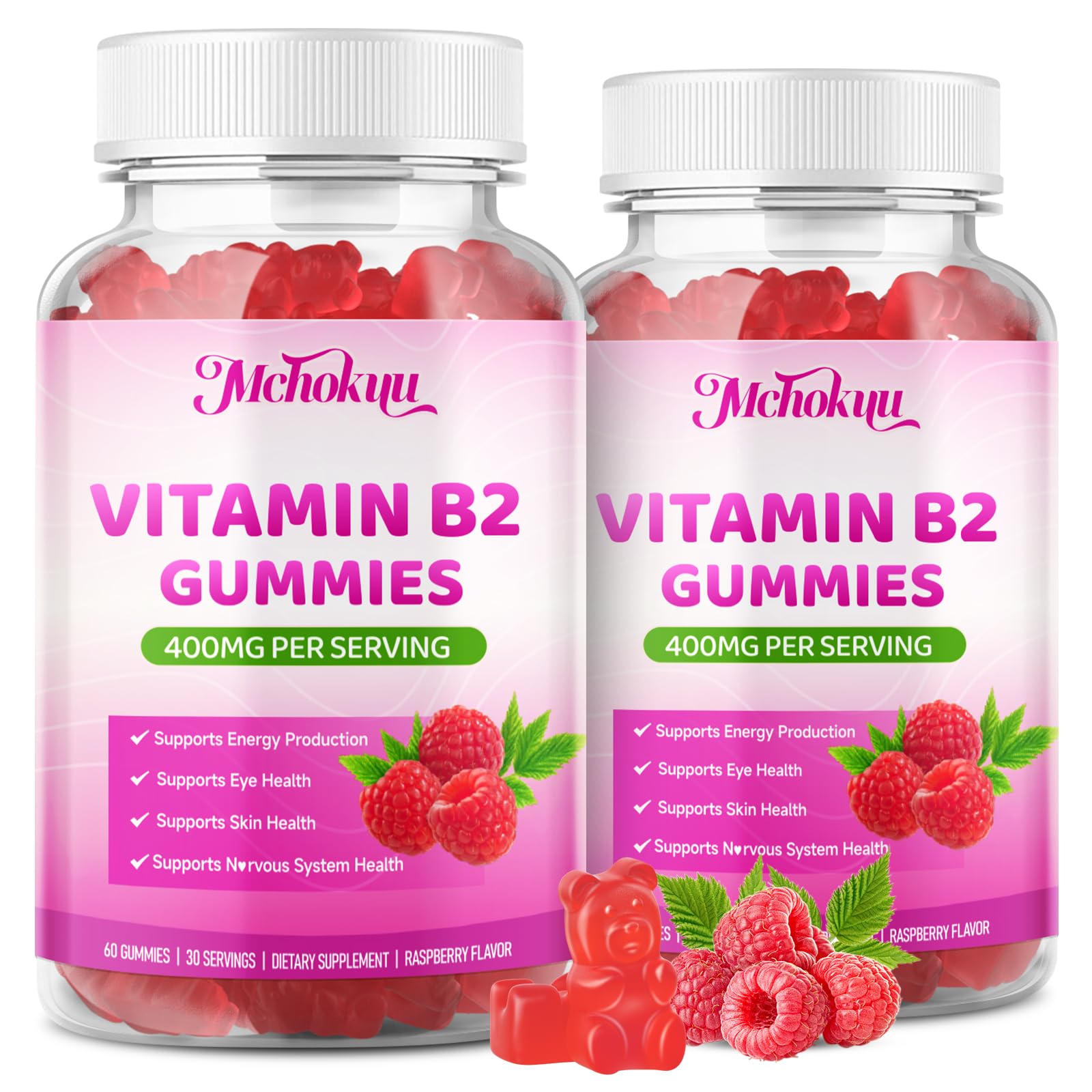 Mchokuu Vitamin B2 Gummies 400mg – Riboflavin Supplement with Magnesium for Kids & Adults, Raspberry Flavor, Sugar Free, Vegan, Non-GMO, 120 Gummies