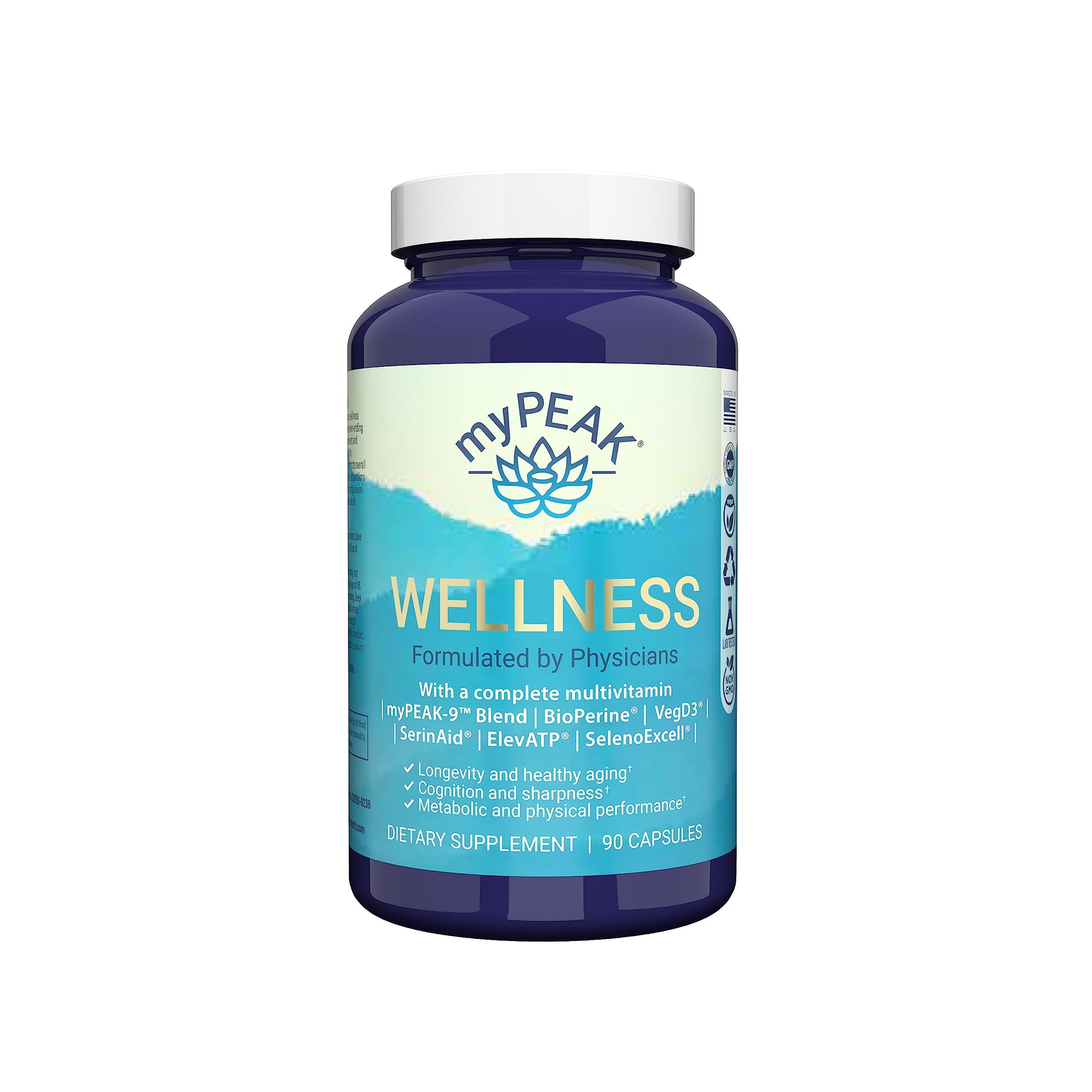 myPEAK Wellness Award-Winning Vegan Multivitamin with ElevATP Ancient Peat Extract, Natural Astaxanthin, Iron, Resveratrol and Alpha GPC, Immunity Booster, All-in-One for Men and Women, 90 Capsules