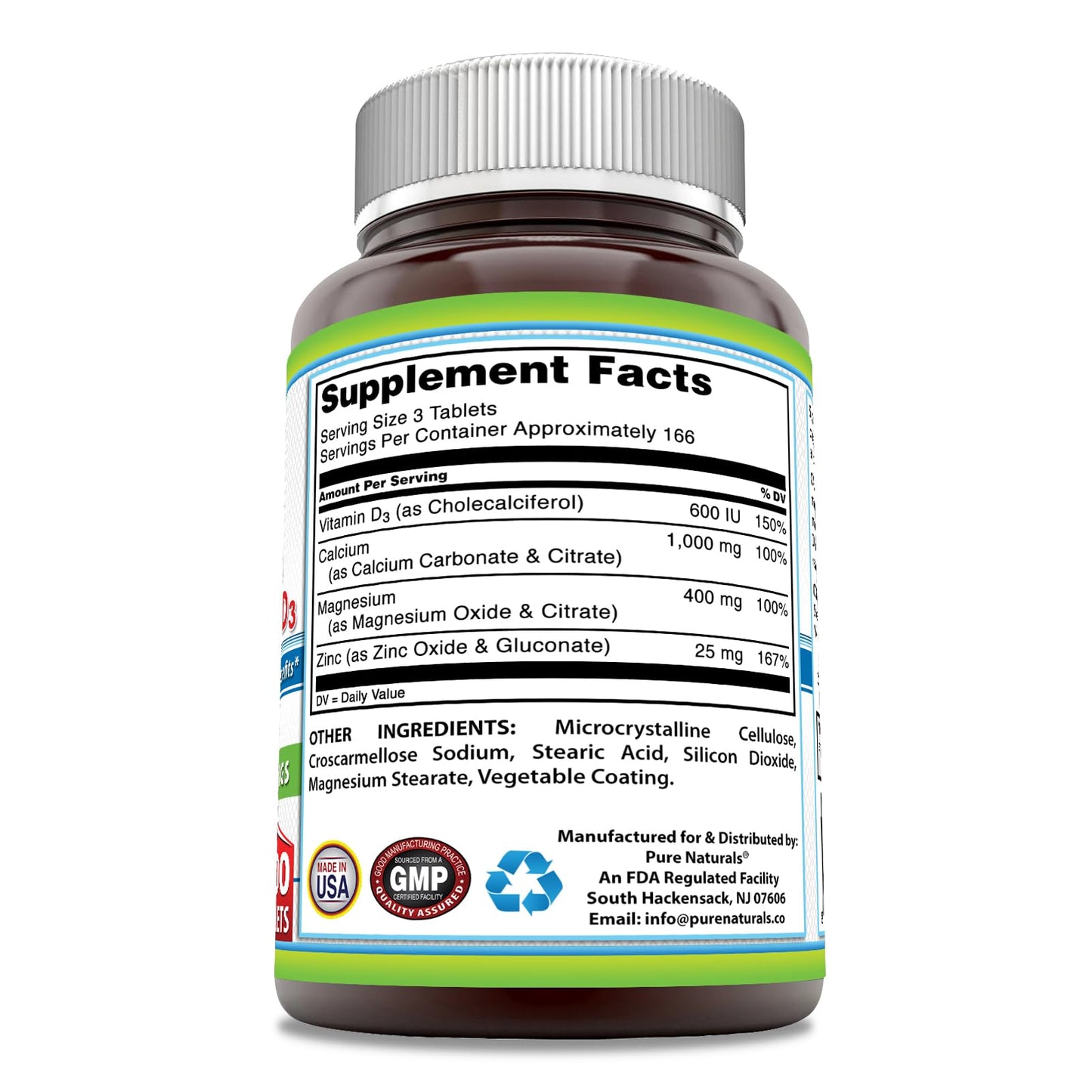 Pure Naturals Calcium Magnesium Zinc Vitamin D3 Supplement Tablet 500 Tablets