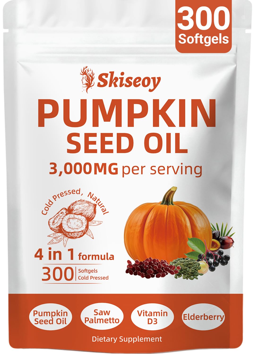 Skiseoy Pumpkin Seed Oil with Saw Palmetto Softgels, 300