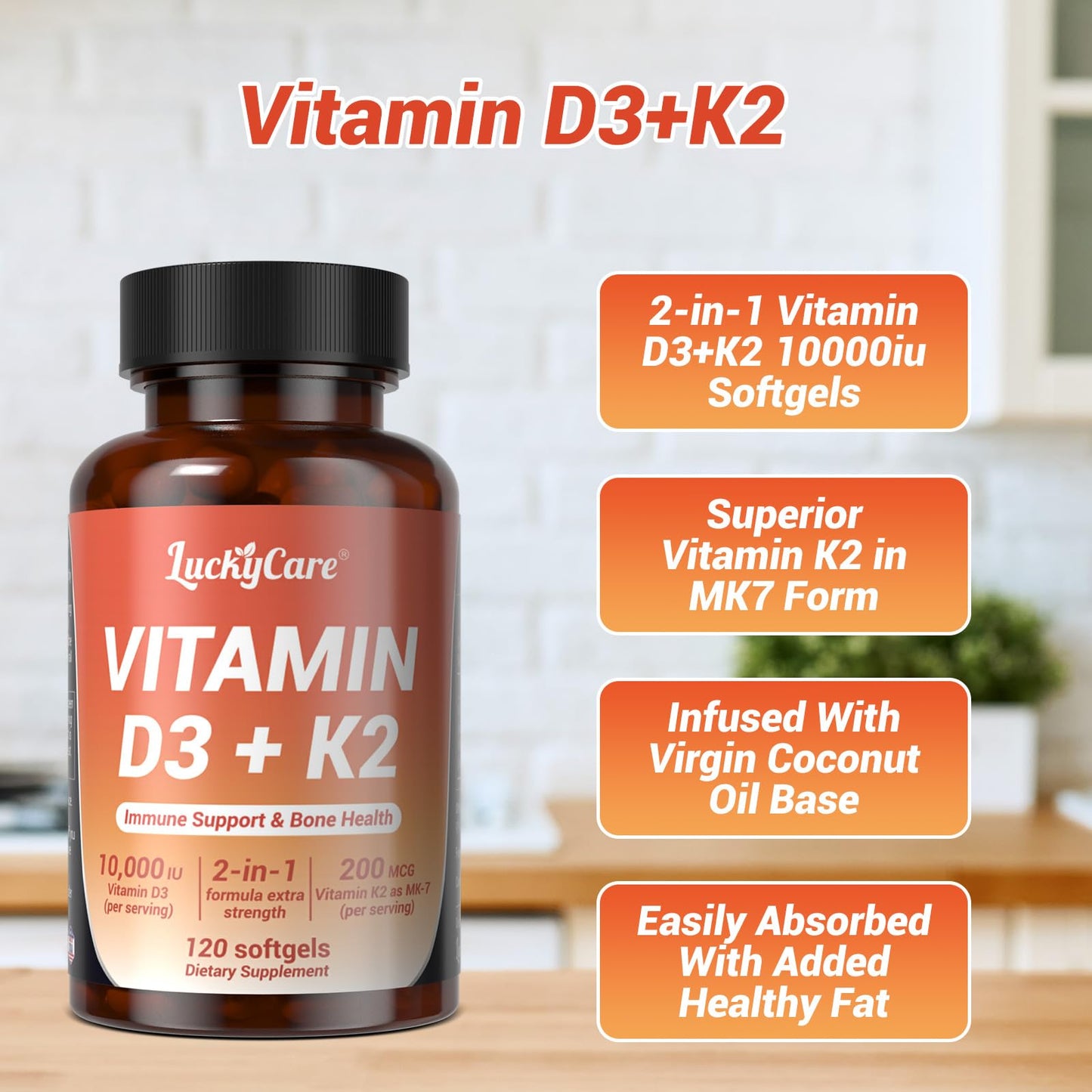 Luckycare Vitamin D3 K2 10000 IU Plus K2 (MK-7) 200 mcg Softgels, 120 Count