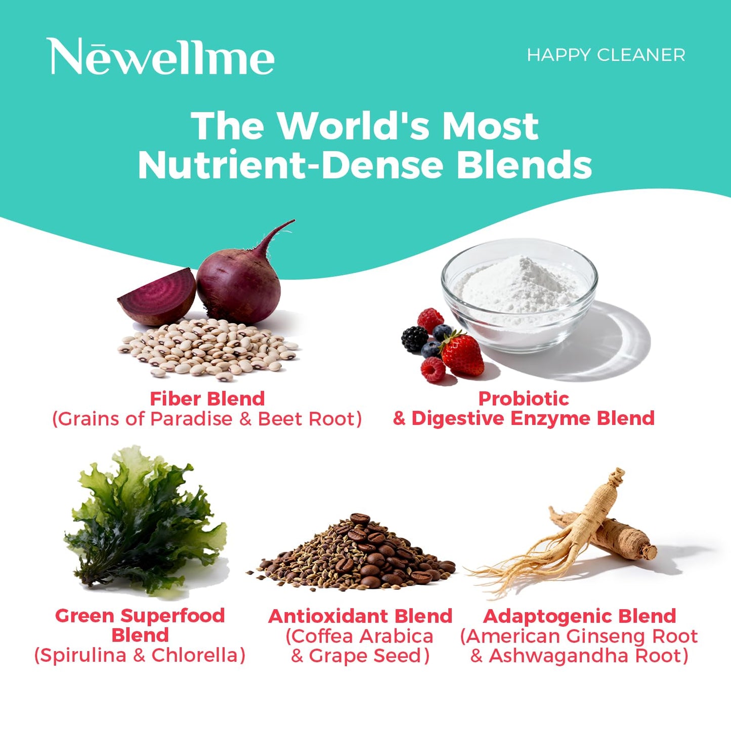 NEWELLME Happy Cleaner Superfood Powder, 16-in-1 Natural Gut Health Supplement, 14 Packets, 4.4 Ounce