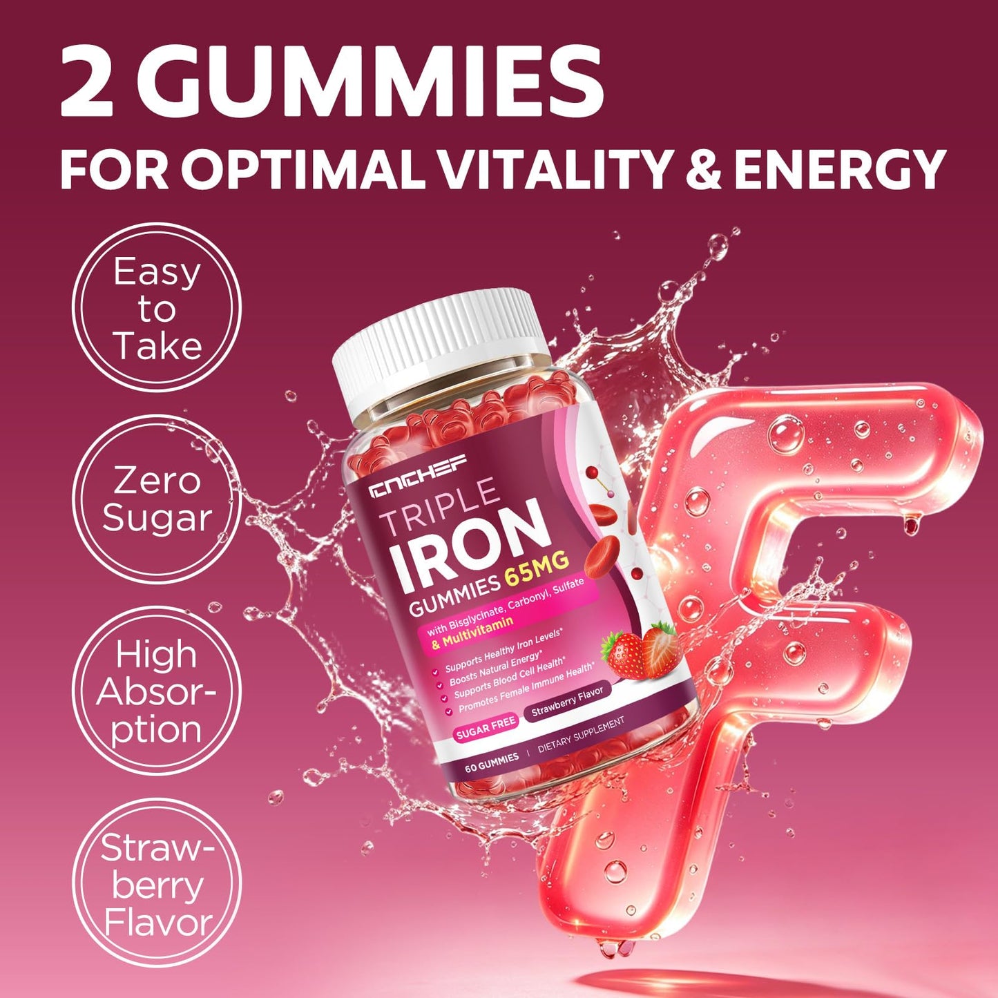 CNCHEF 65mg Iron Gummies with Multivitamin, 60 Gummies