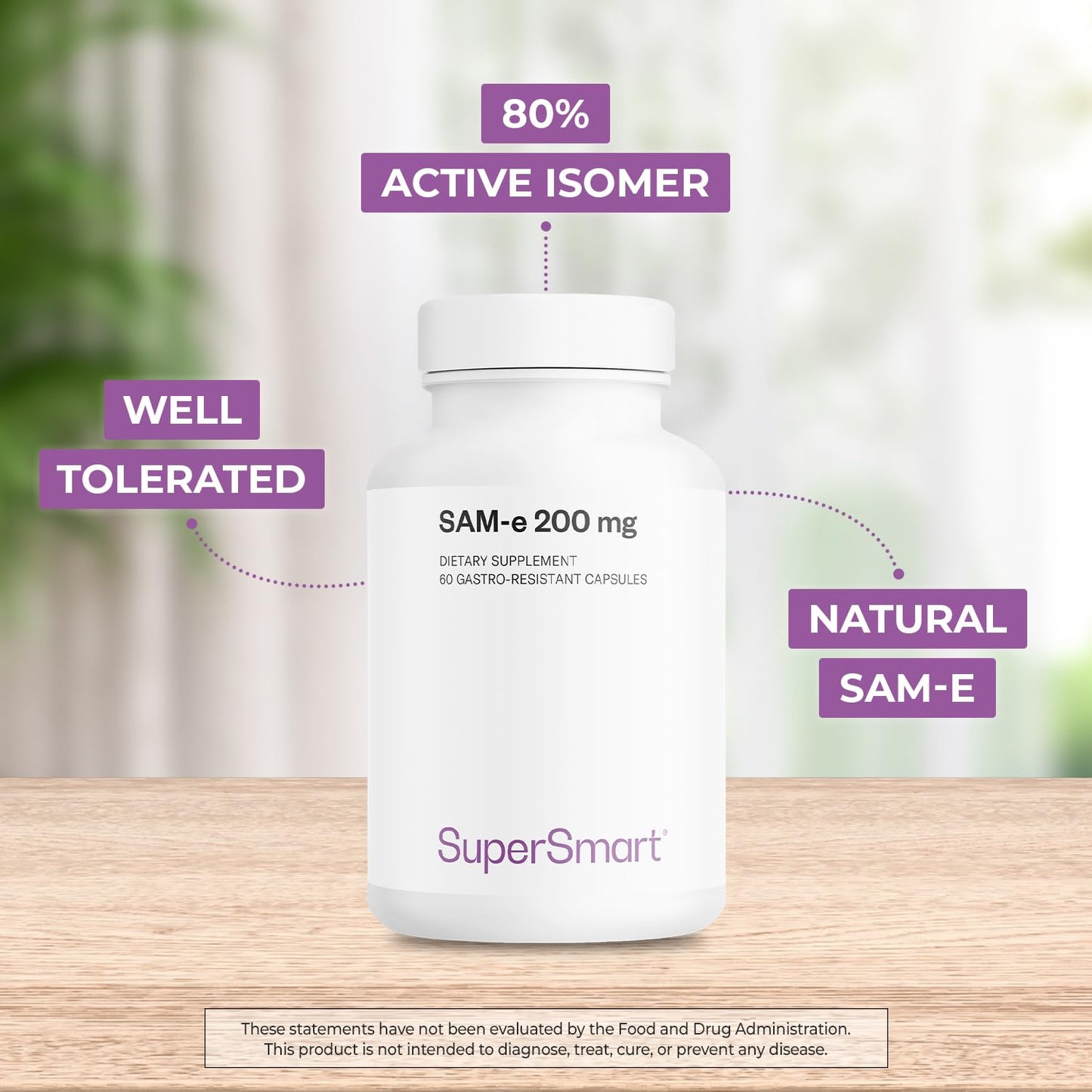Supersmart SAM-e 200mg (80% Active Isomer S,S) - Advanced S-Adenosyl Methionine SAM-e Supplement Capsule, 60 Capsules
