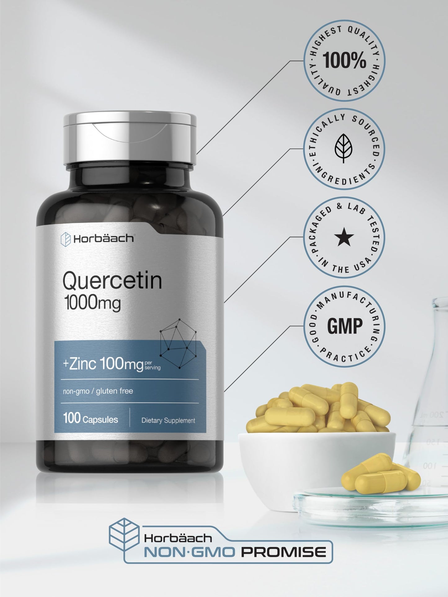 Horbäach Quercetin 1000mg Capsules, 100 Count