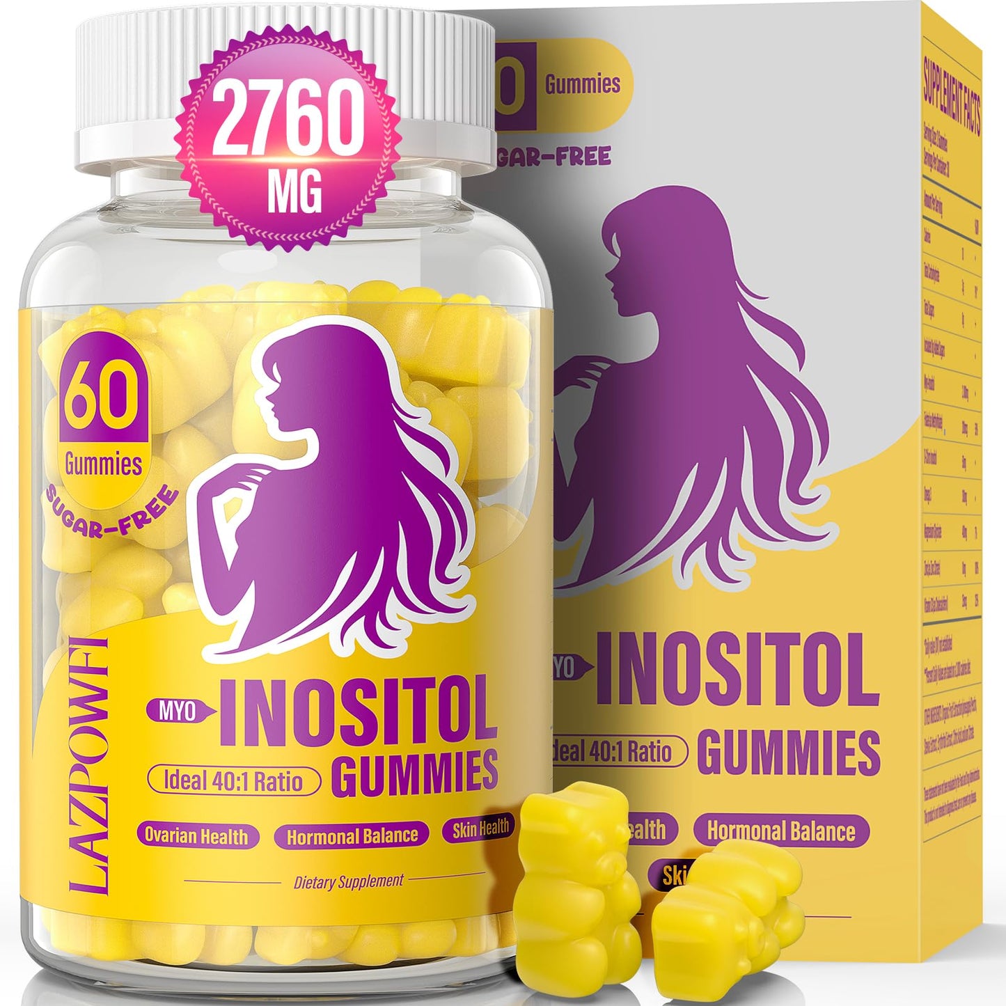 Lazpowfi Inositol Gummies - Myo-Inositol & D-Chiro Inositol, 40:1 Ratio, with Vitamin D3, Magnesium Glycinate, Omega-3, Folate & Zinc - 60 Gummies