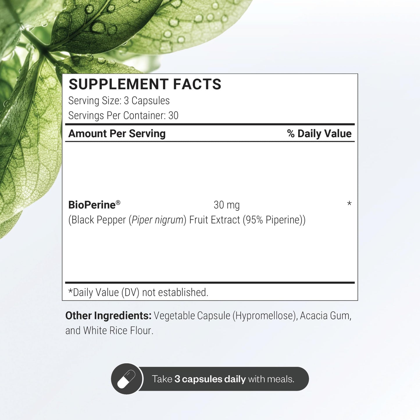 Supersmart Bioperine 30mg per Day (95% Piperine) Black Pepper Extract Capsule, 90 Capsules