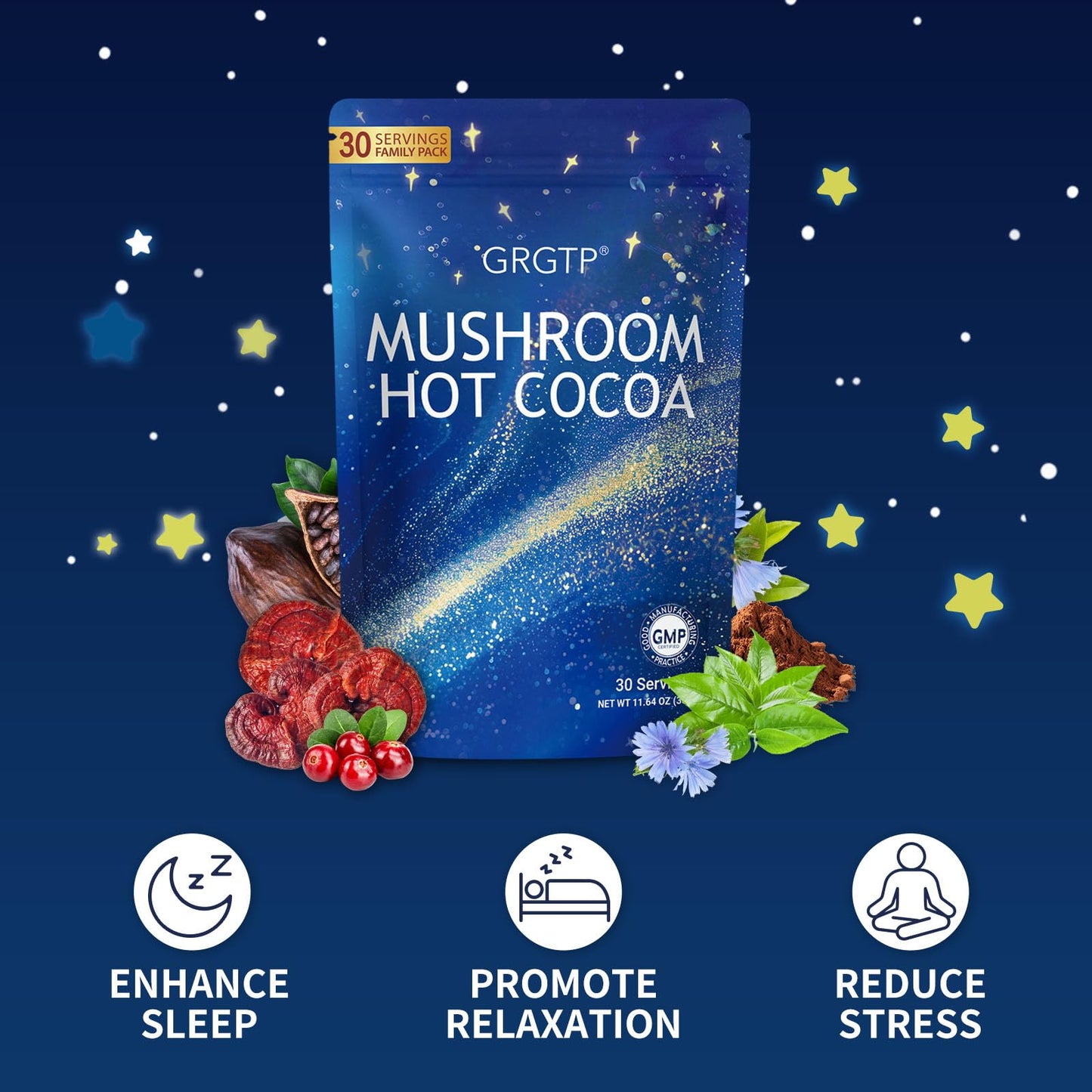 GRGTP Mushroom Hot Cocoa Reishi & L-Theanine Adaptogenic Hot Chocolate Mix with Melatonin & Glycine for Sleep Support, Stress Relief, and Relaxation Powder, 11.64 Ounce