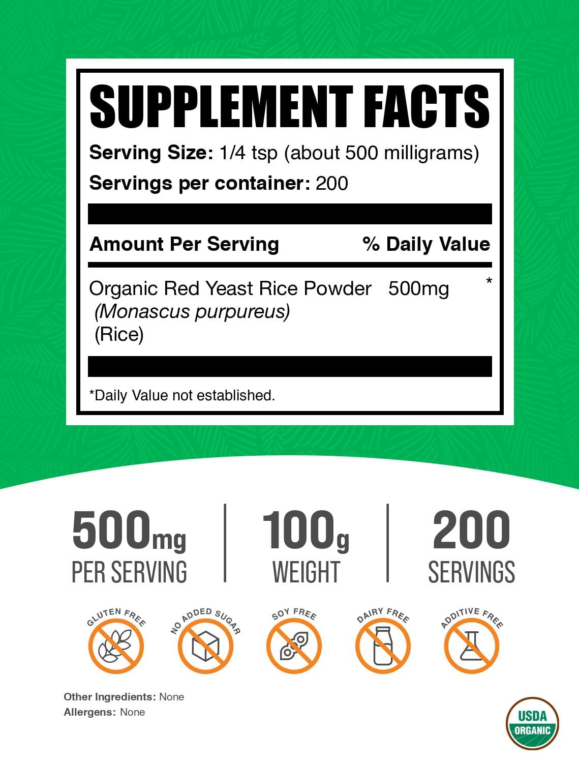 BulkSupplements Organic Red Yeast Rice Powder 500 mg per serving 3.5 oz