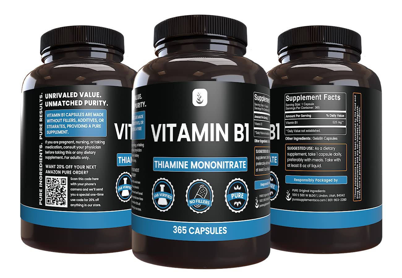 PURE ORIGINAL INGREDIENTS Vitamin B1 (Thiamine Mononitrate) Capsules, 365 Count