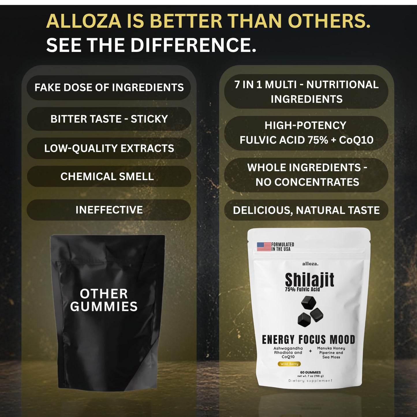 alloza Shilajit Gummies with CoQ10 and Ashwagandha, 60 Count