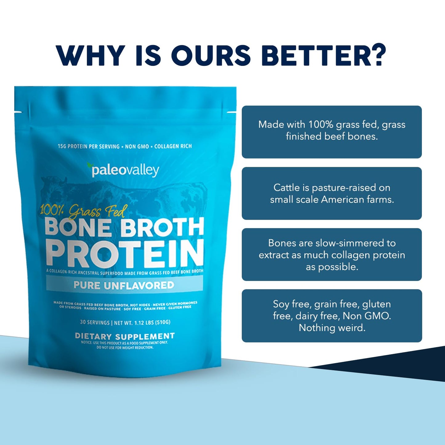 Paleovalley 100% Grass Fed Beef Bone Broth Protein Powder 16.8 oz