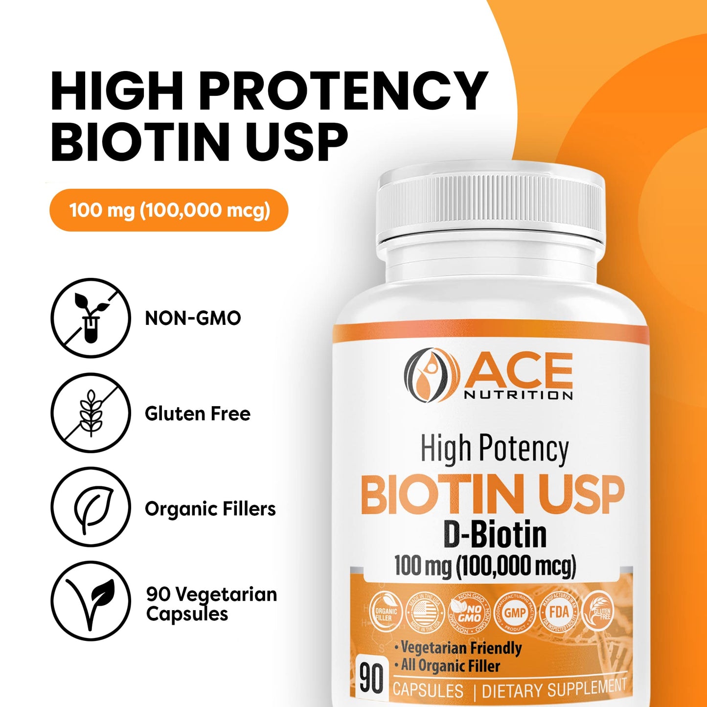 Ace Nutrition High Potency Biotin USP (D-Biotin 100,000mcg) - Vegetarian Capsules, 30 Count