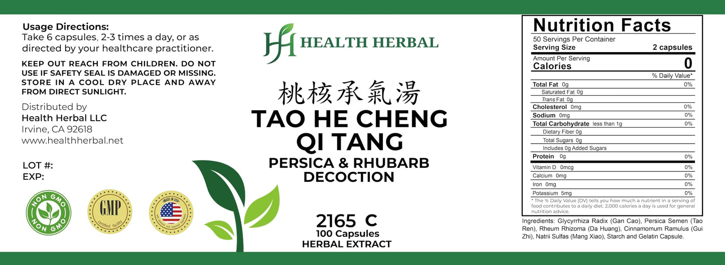 Health Herbal Tao He Cheng Qi Tang/Persica & Rhubarb Decoction Capsules, 100