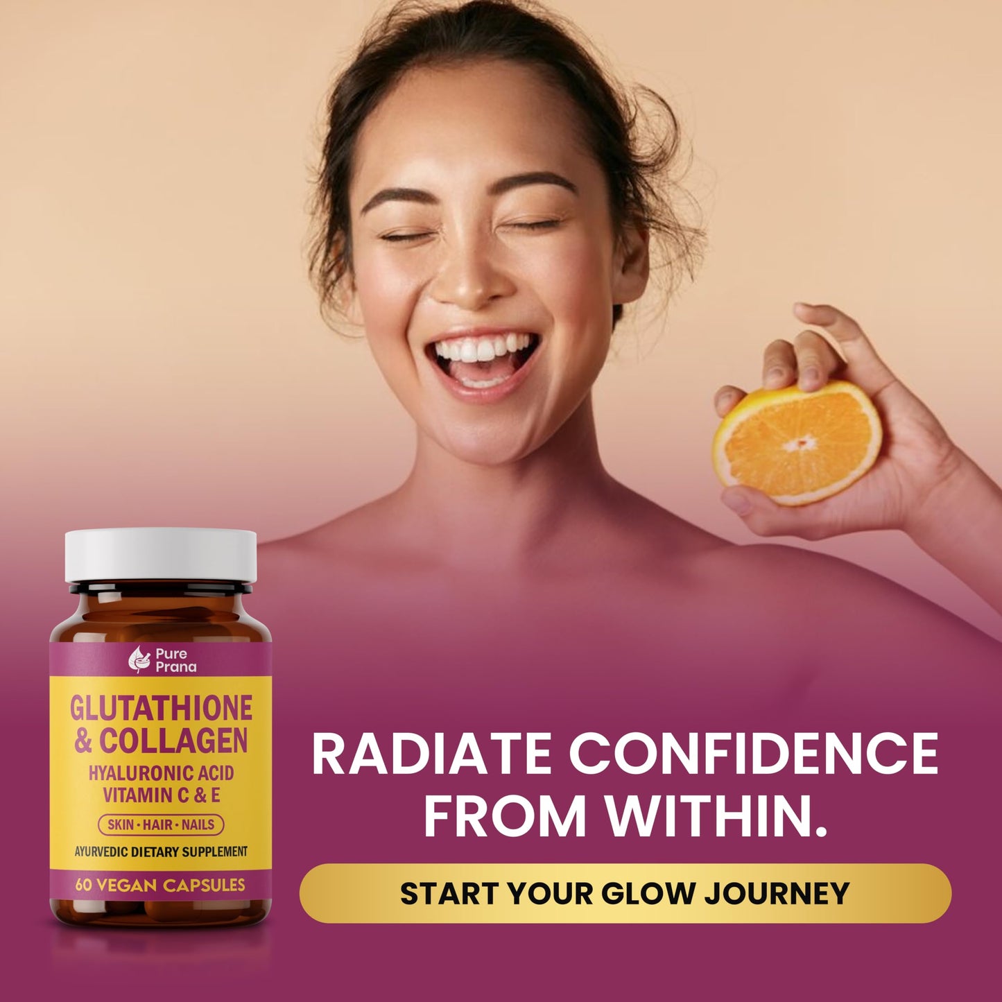 Pure Prana Vegan Collagen Builder & Glutathione for Women, Skin Hair Nails Capsules, 60 Capsules