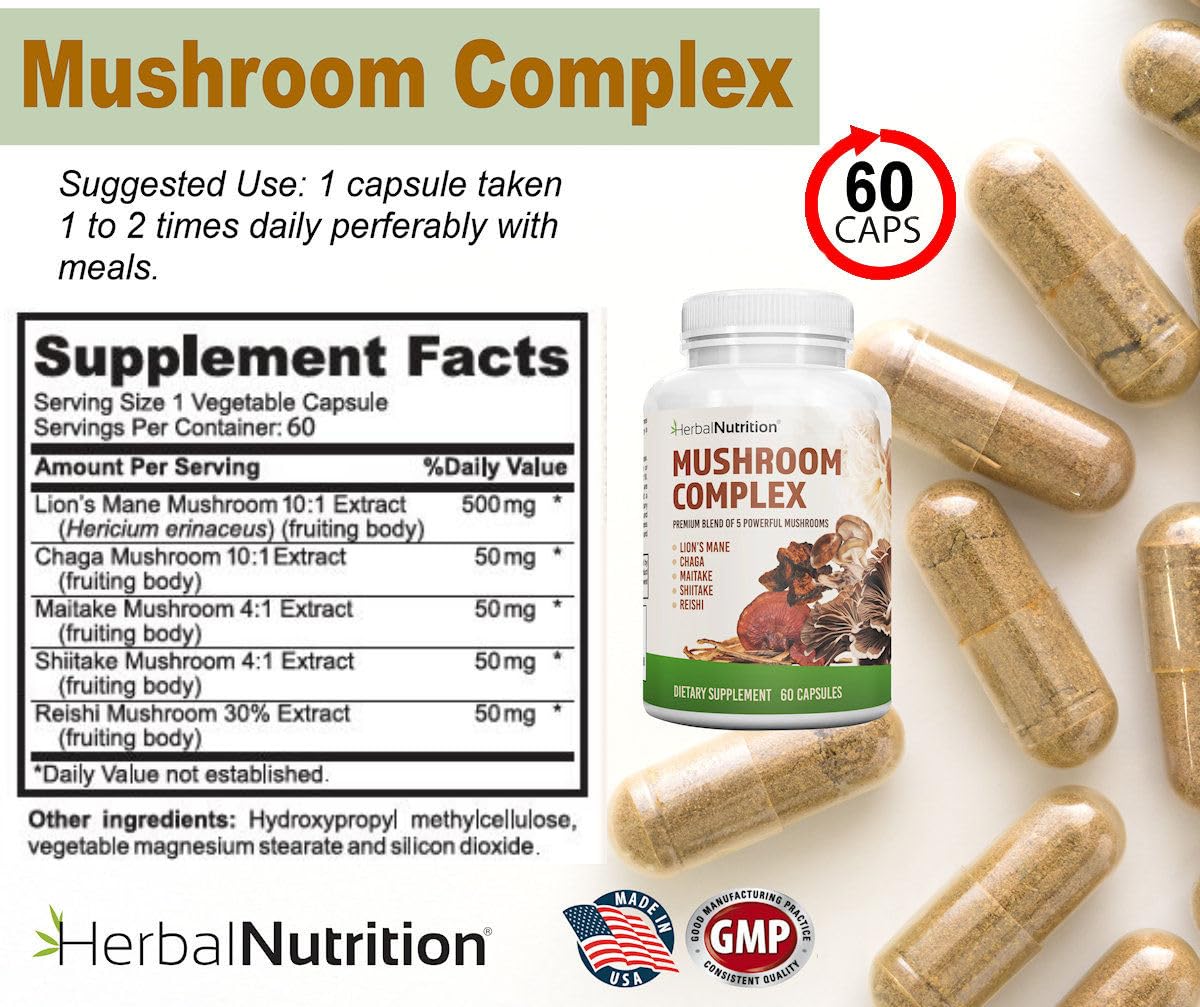 Herbal Nutrition Mushroom Complex 5 Mushroom Blend for Brain & Immune Support, 120 Capsules