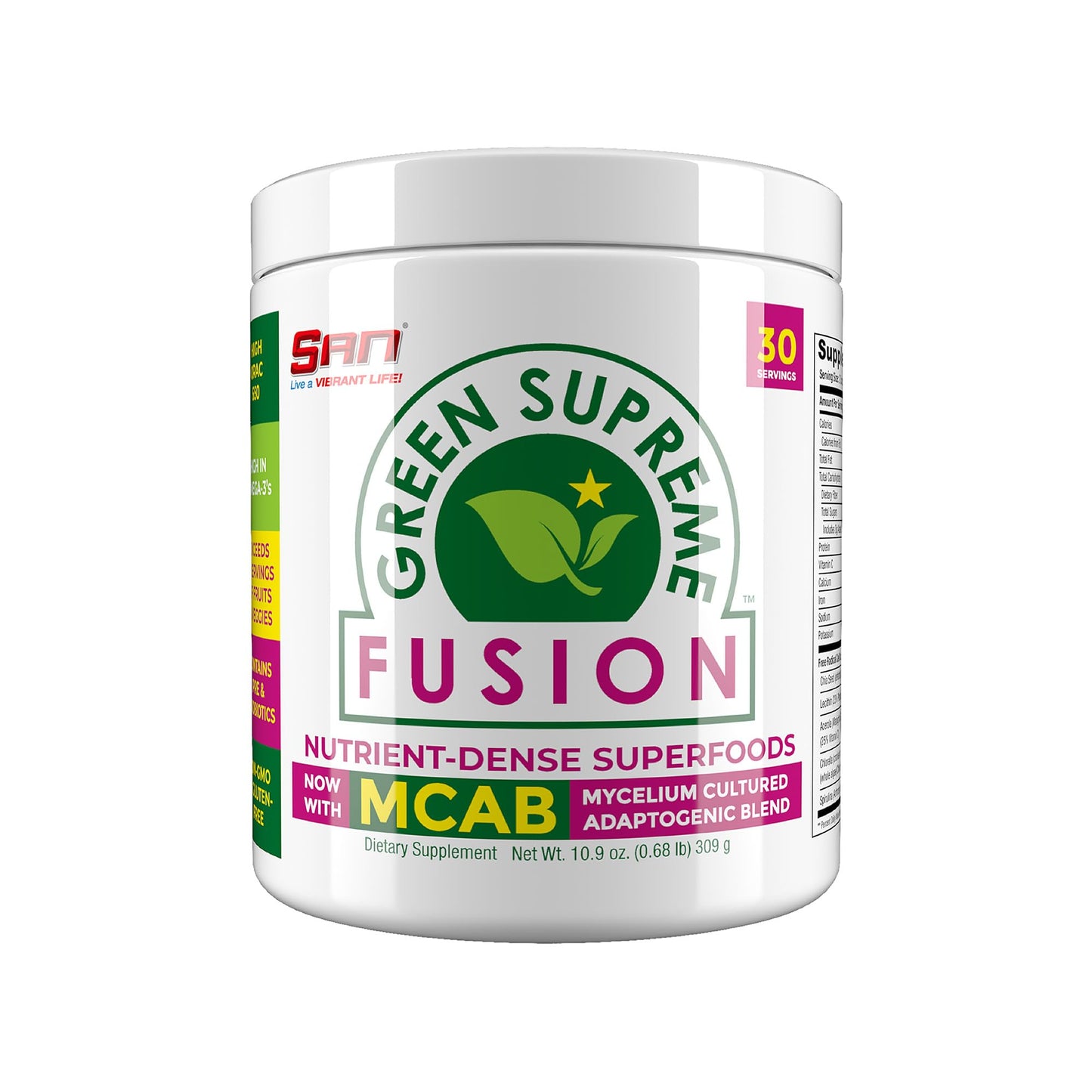 SAN Green Supreme Fusion Blend Antioxidant Super Greens Smoothie Mix with Spirulina, Chlorella, Adaptogenic Mushrooms Powder 11.2 oz