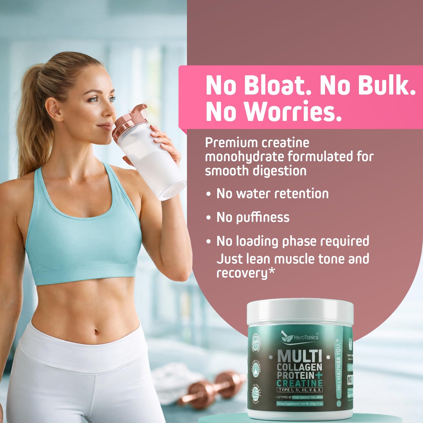 Herbtonics Creatine for Women 5000mg Creatine Monohydrate + Multi Collagen Protein Powder – Lean Muscle, Recovery & Skin Support – Grass-Fed, No Bloat, Unflavored – 10.37 Ounce
