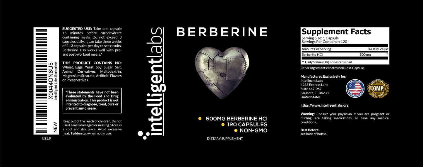 Intelligent Labs Berberine HCL Plus 500 mg per Capsule, 120 Capsules