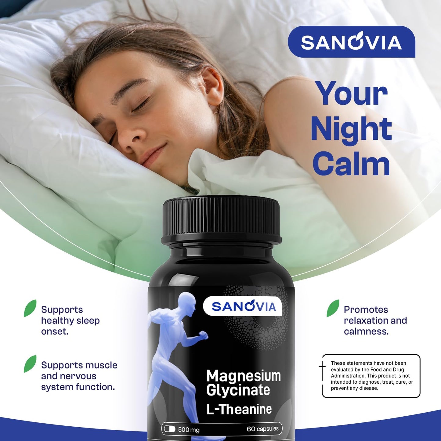 SANOVIA Magnesium Glycinate Sleep Support Supplement with L-Theanine, Chamomile & Melatonin, 60 Capsules