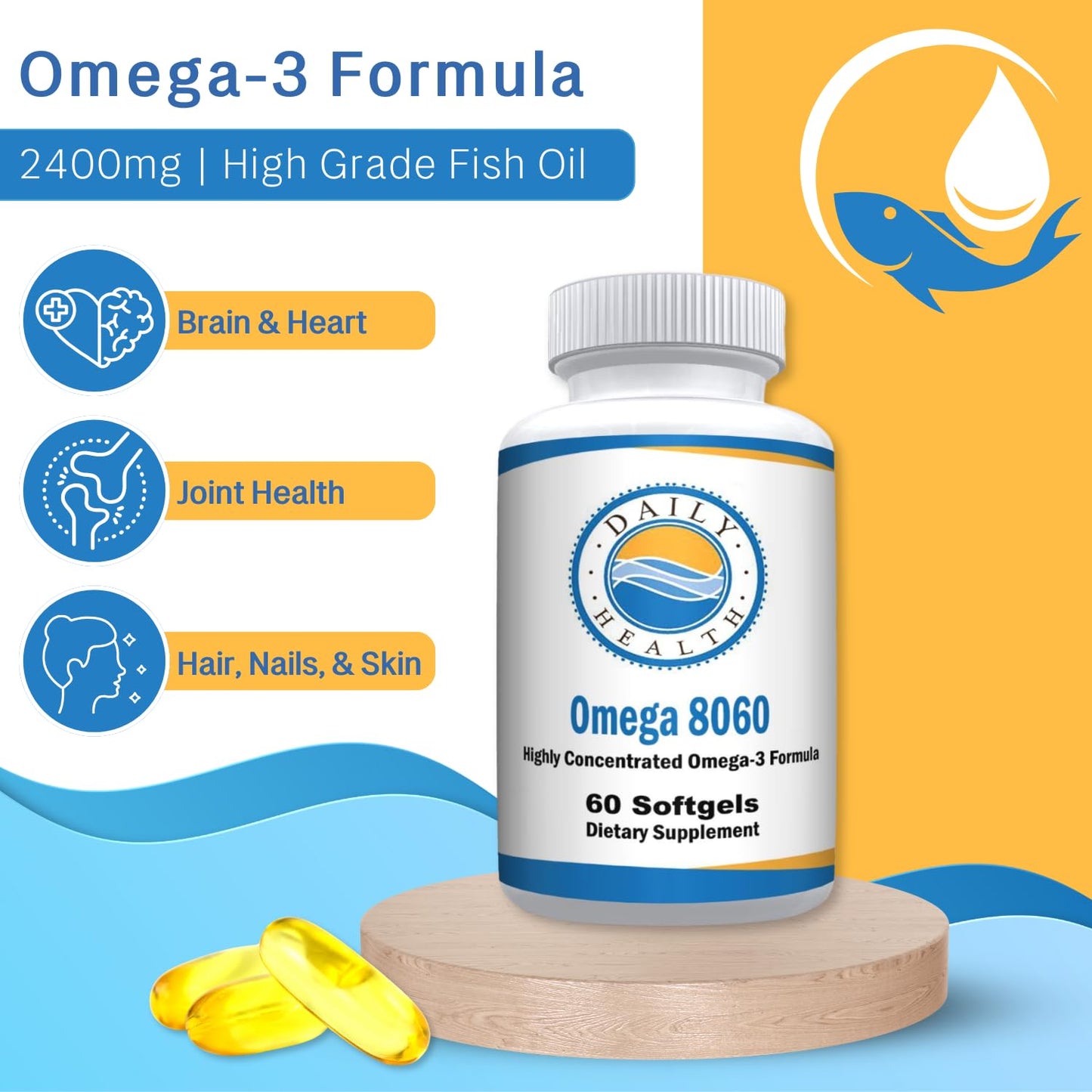 Daily Health Omega 8060 2400mg Omega-3 Fish Oil Joint Health Supplement Capsule 60 Count
