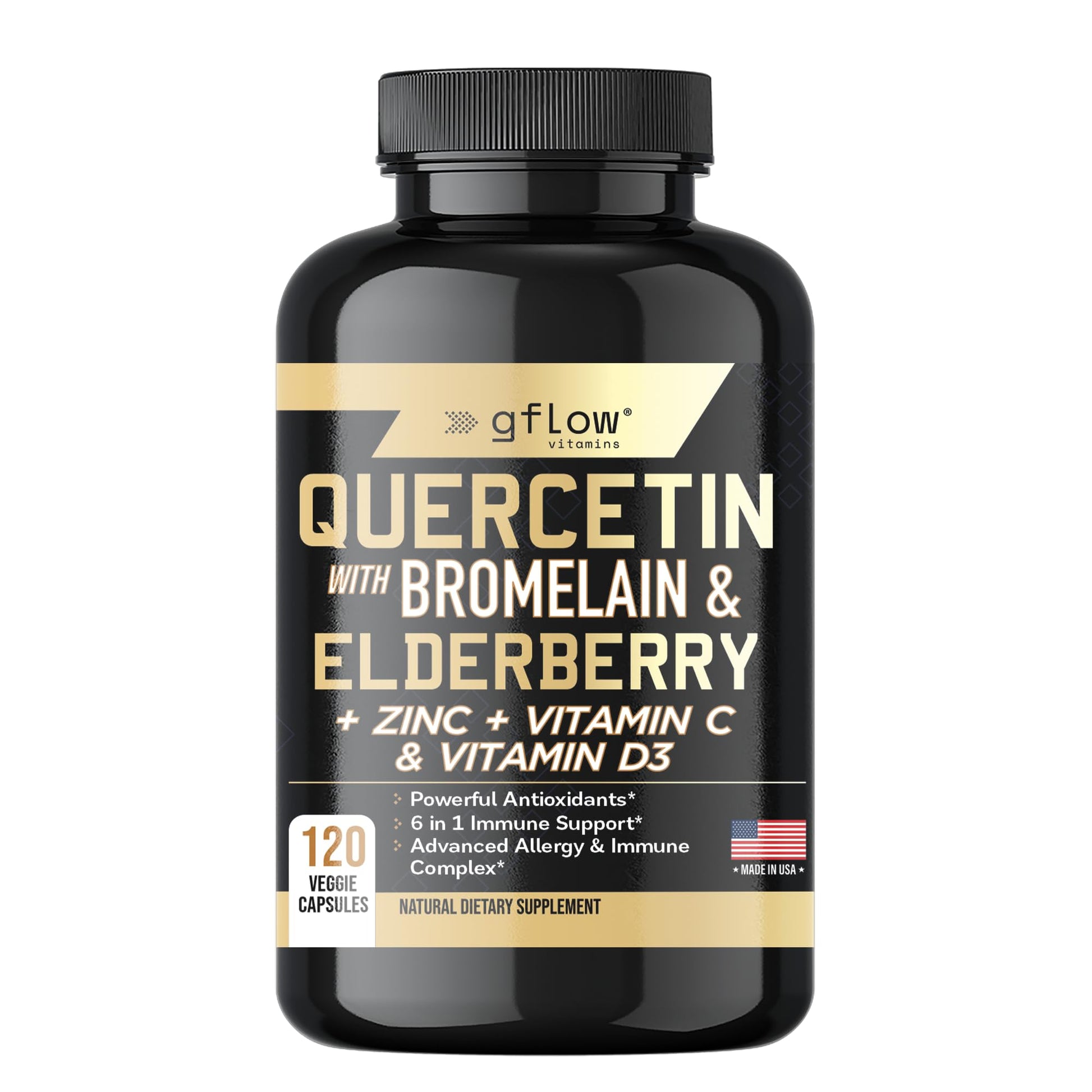 gflow vitamins Quercetin with Bromelain Zinc Vitamin C Vitamin D Elderberry Capsules 120