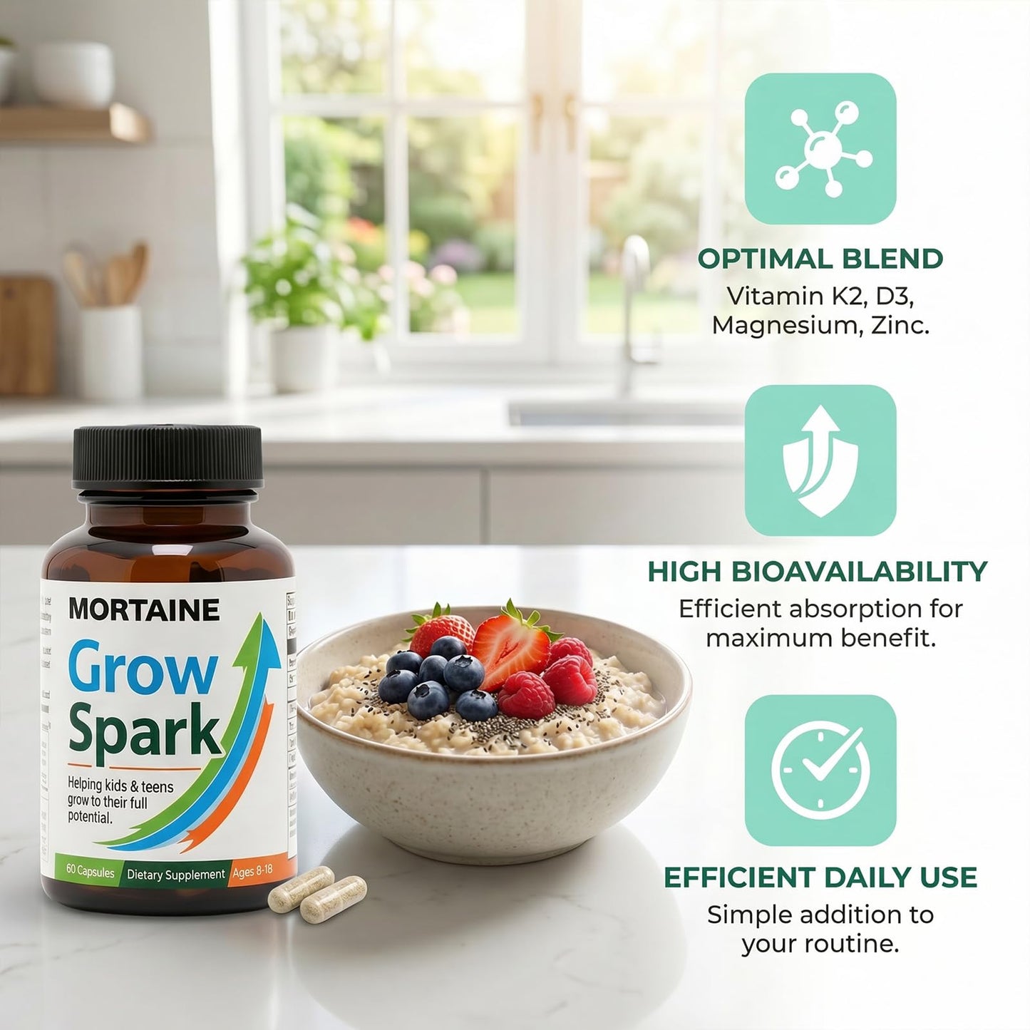 ANEFOSE Mortaine Grow Spark Supplement, Nutrient Support Blend with Vitamin K2, Magnesium & Zinc for Bone Support, 60 Capsules
