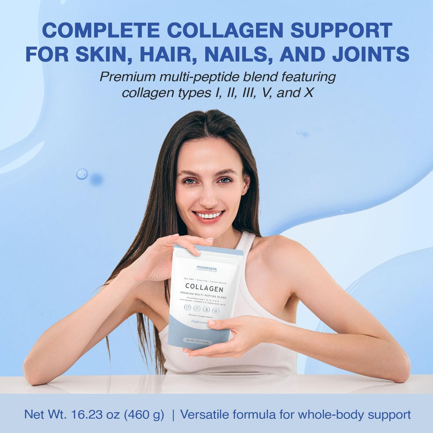Progressive Laboratories Multi Collagen Peptides Powder – Types I, II, III, V & X with Biotin, Vitamin C & Hyaluronic Acid – Grass-Fed, Non-GMO, Unflavored Collagen Powder Supplement for Skin, Hair, Nails & Joint Support, 16.23