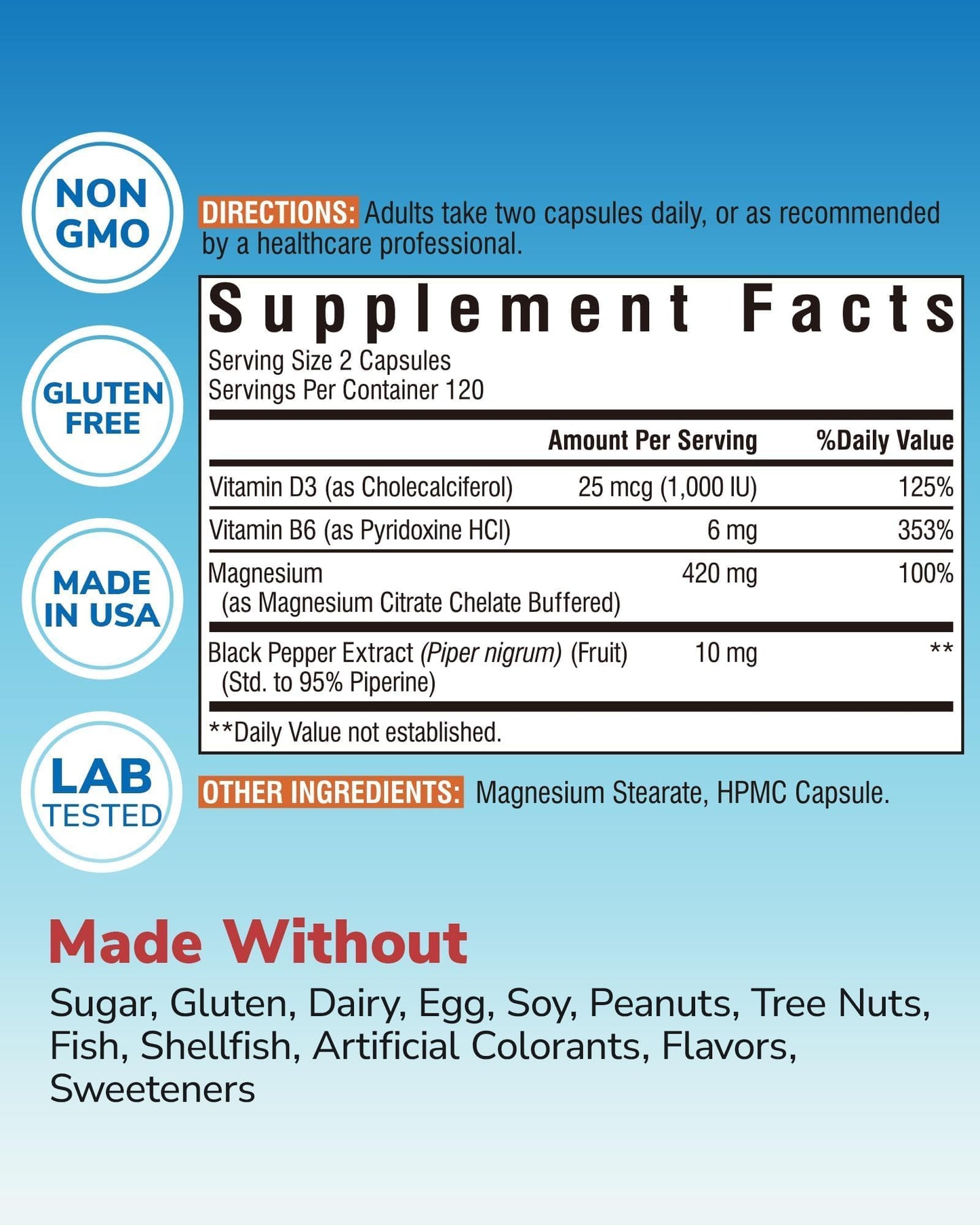 Vitalibre Magnesium Citrate Supplement with Vitamins D3 & B6, 240 Capsules