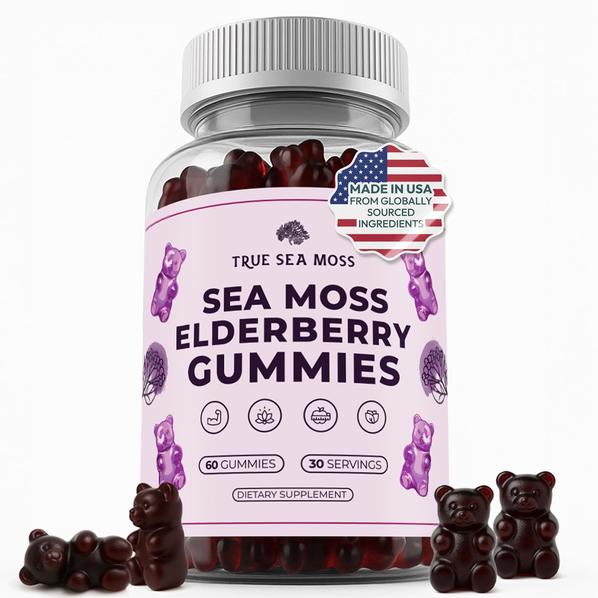 TrueSeaMoss Sea Moss Gummies with Elderberry, Burdock Root & Bladderwrack – for Adults & Kids 4+ – Fruity Flavor, 60 Gummies
