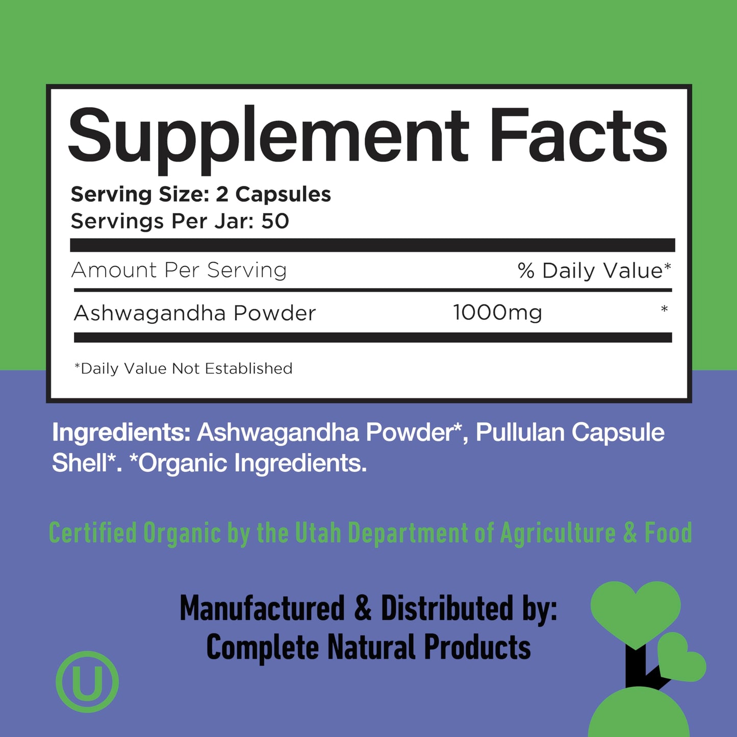 Complete Natural Products Organic Ashwagandha Capsules 500mg, 100 Capsules