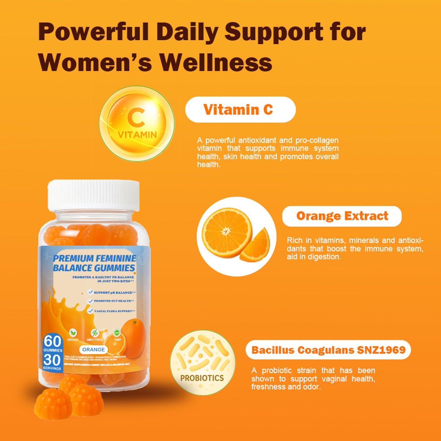 DEWANG Feminine Balance Gummies – Daily pH Balance & Vaginal Health Support, Probiotics for Women's Odor & Confidence Pineapple Flavor Vegan & Sugar-Free (Orange), 60 Gummies