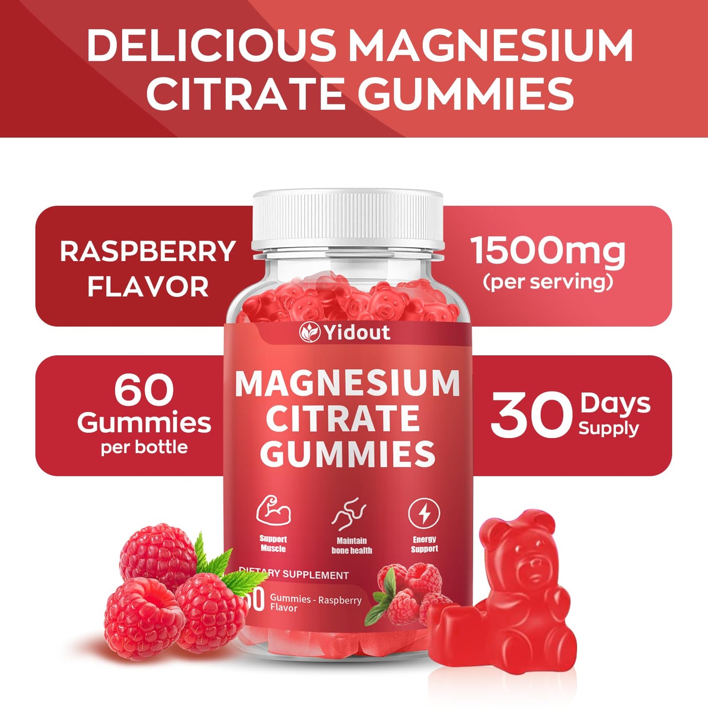 Yidout High Absorption Magnesium Gummies for Adults, Raspberry Flavor, Vegan, Non-GMO, 60 Count