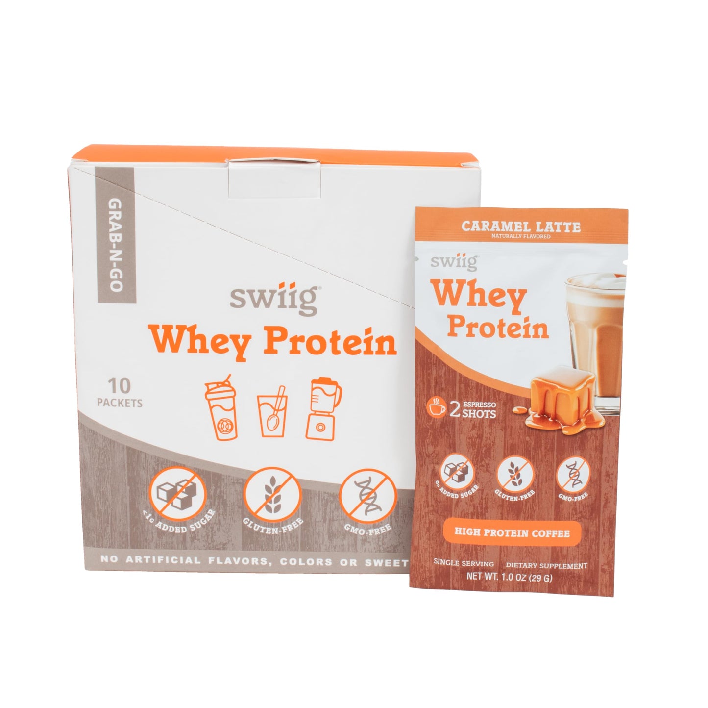 swiig Whey Protein Powder Caramel Latte Single-Serve Packets, 10 Count