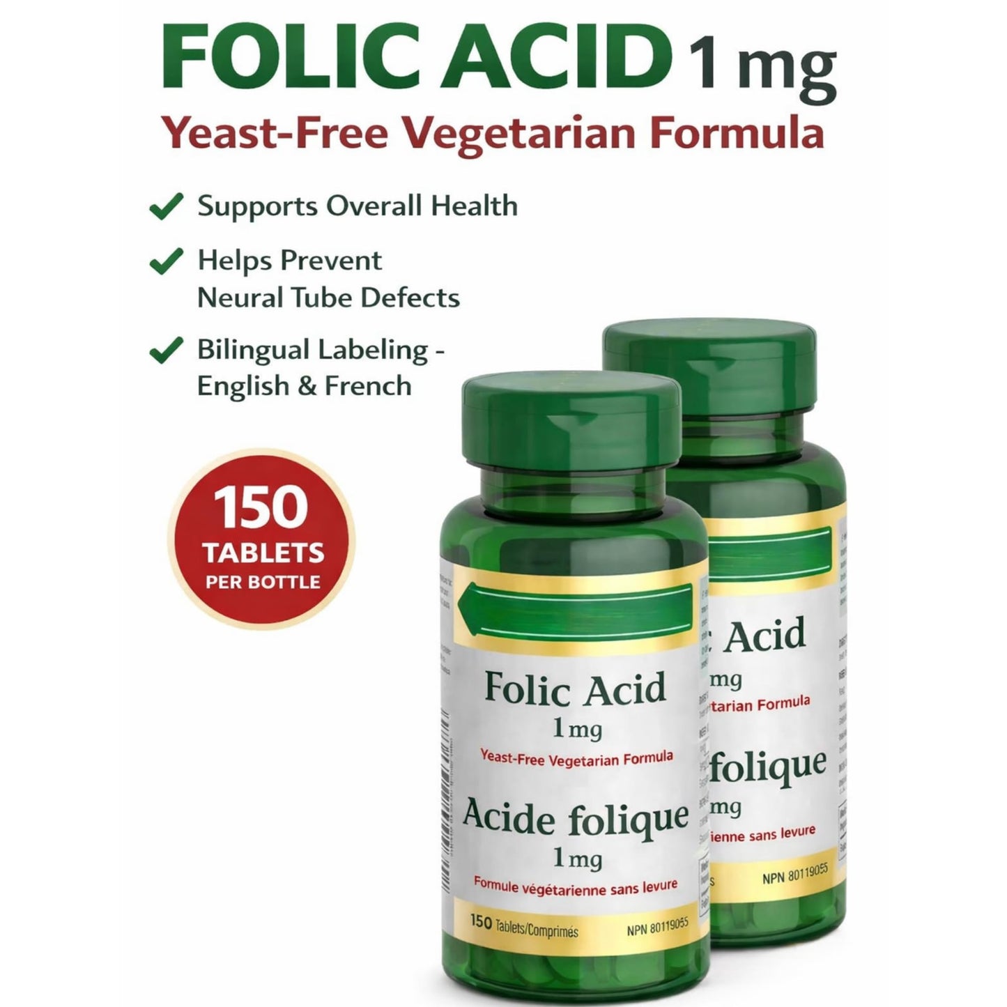 ZENVOIRA Folic Acid 1 mg Tablet, 150 Tablets, Pack of 2