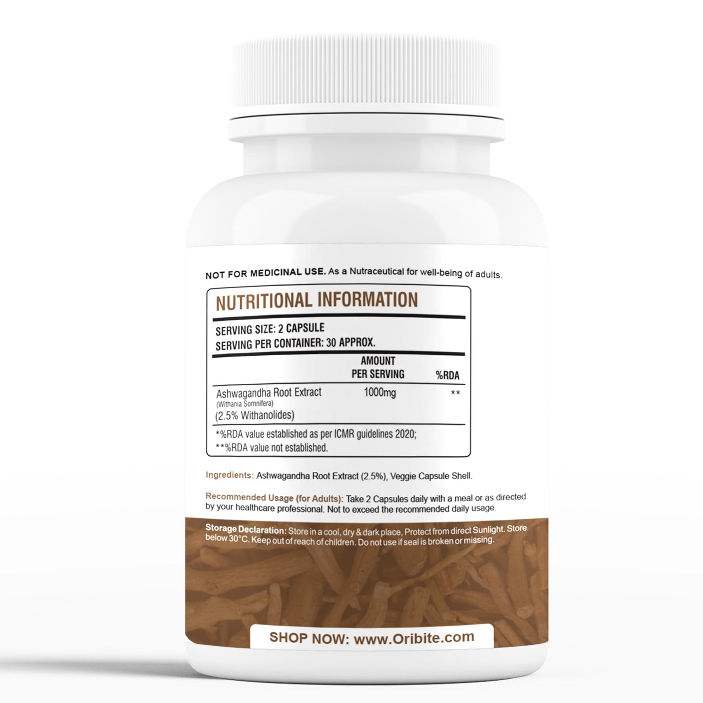 ORIBITE Ashwagandha 1000mg High-Potency Root Extract (2.5% Withanolides), Vegan Capsules, 60 Capsules