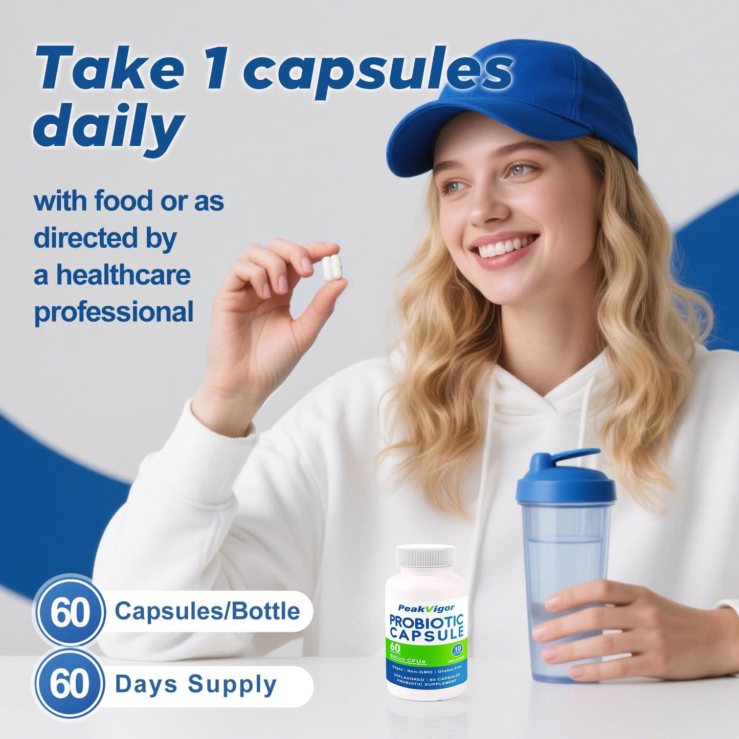 PeakVigor Probiotic Capsules for Women, 60 Billion CFU with Prebiotic Blend, Vegan, 10 Strains, Non-GMO, Gluten-Free & Easy-Swallow, 60 Capsules