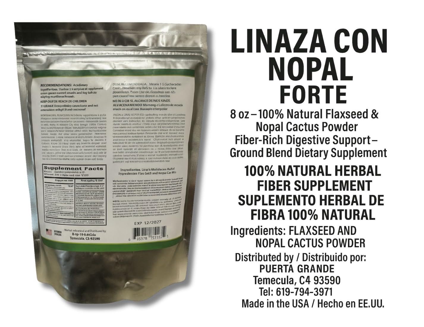 LO+NATURAL Linaza con Nopal Forte Flaxseed & Nopal Cactus Powder, 8 oz