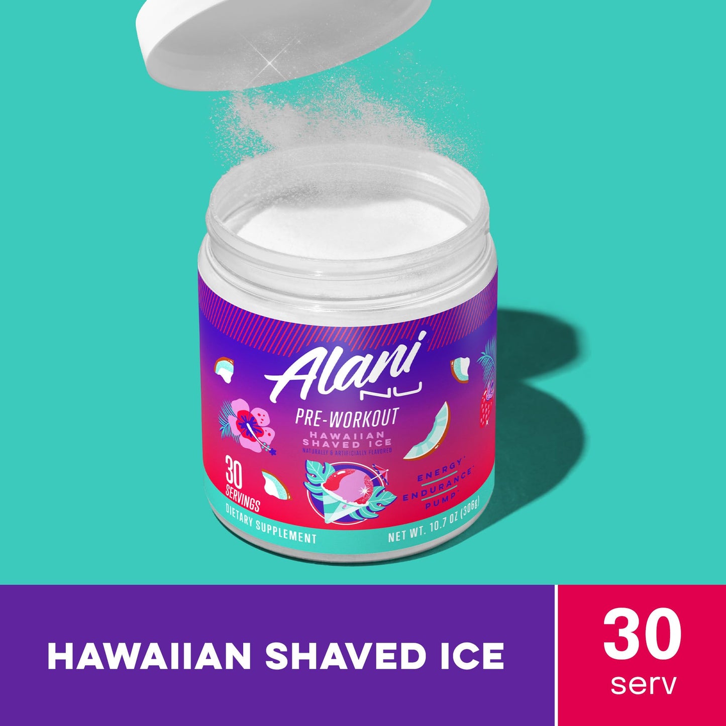 Alani Nu Pre Workout Powder Hawaiian Shaved ICE, Amino Energy Boost, Endurance Supplement, Sugar Free, 200mg Caffeine, L-Theanine, Beta-Alanine, L-Citrulline, 30 Servings