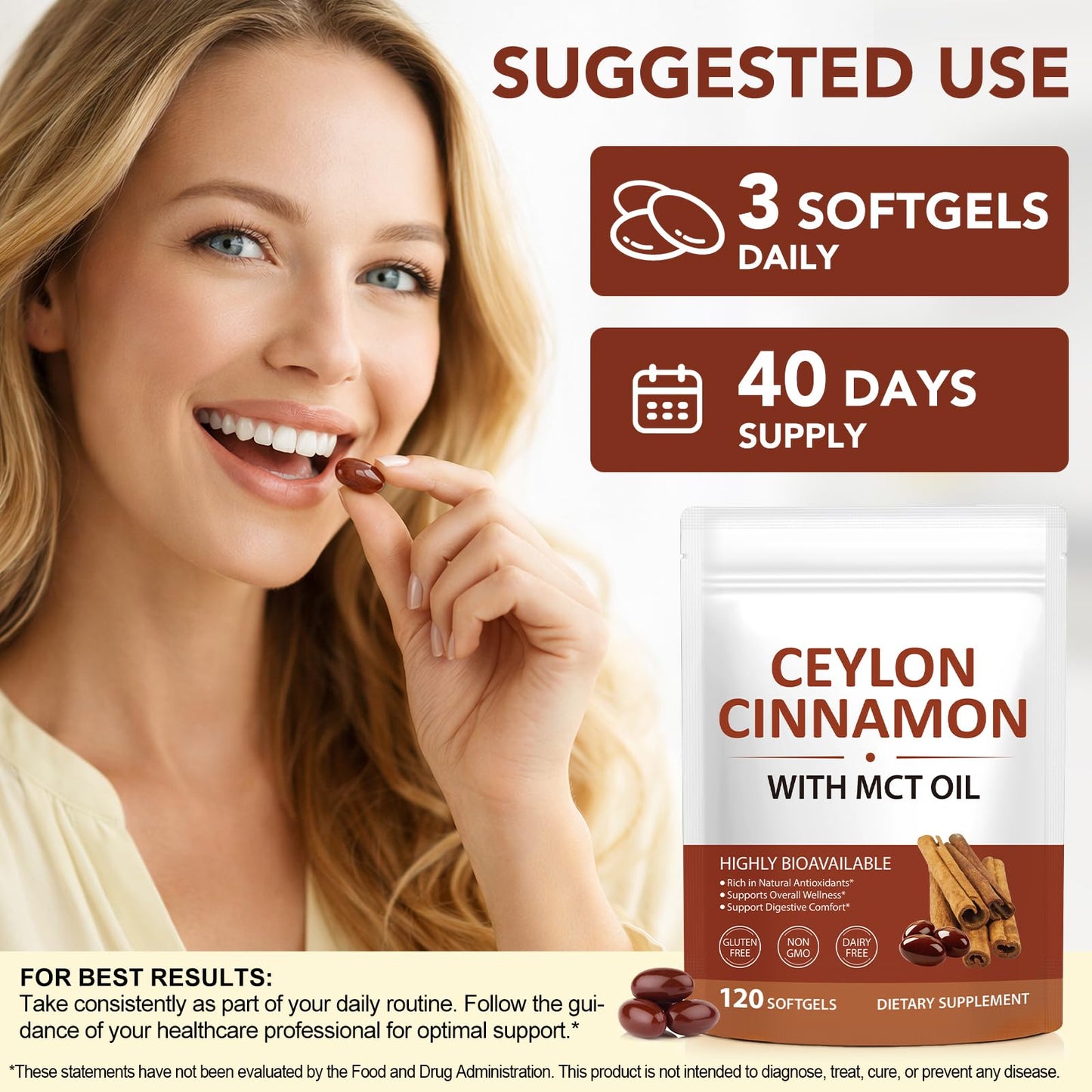 laraspi Ceylon Cinnamon Capsule with MCT Oil, Non-GMO, Gluten-Free, 1 Capsule