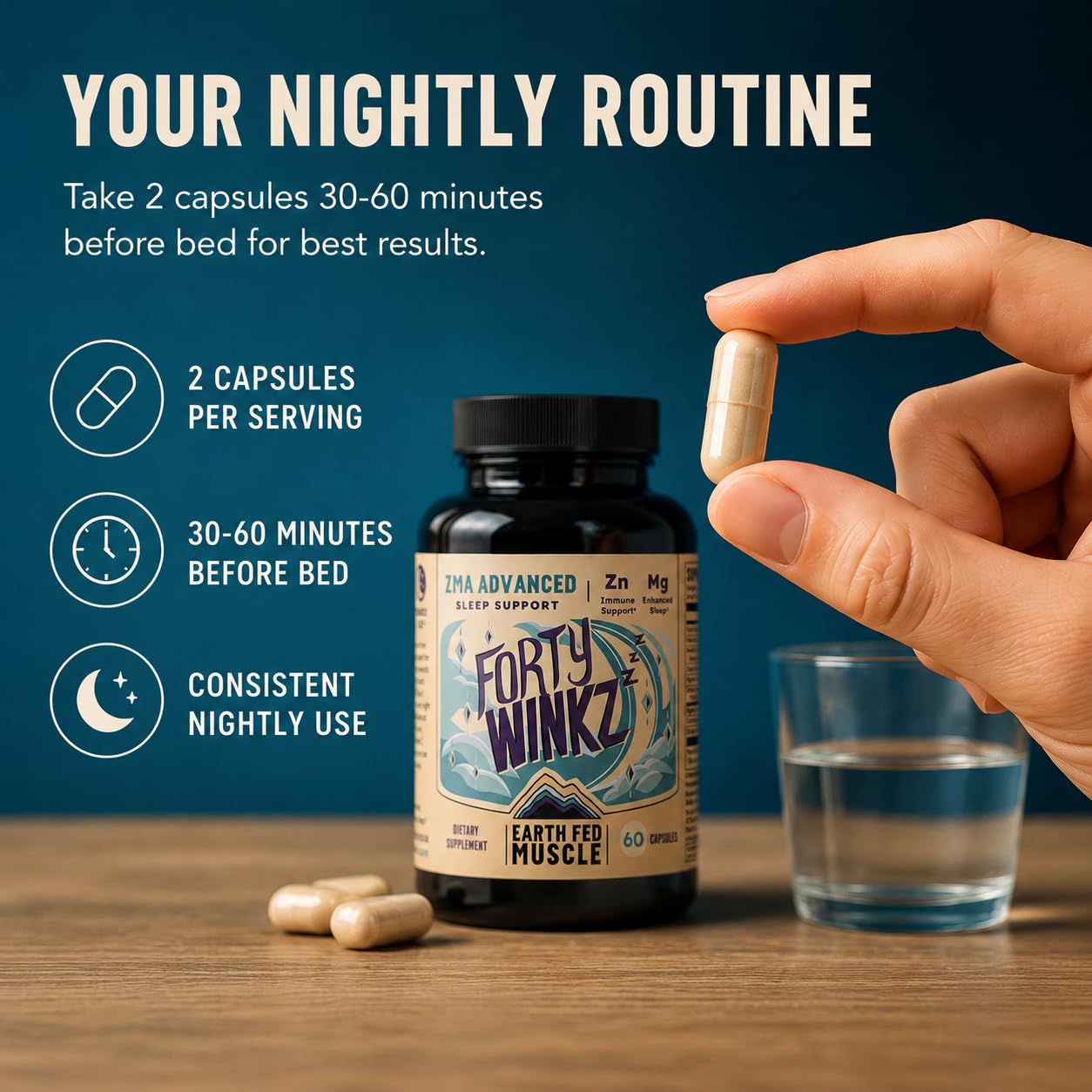 Earth Fed Muscle Forty Winkz ZMA Sleep Support for Men and Women, 60 Capsules