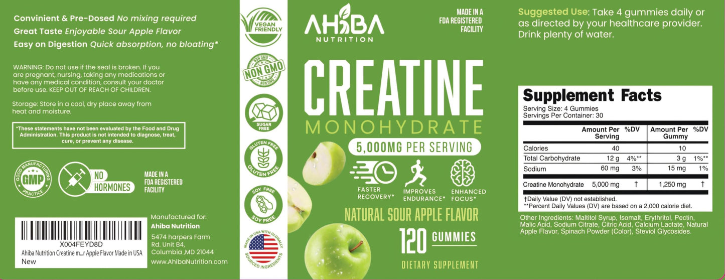 Ahiba Nutrition Creatine Monohydrate Gummies 120 Count