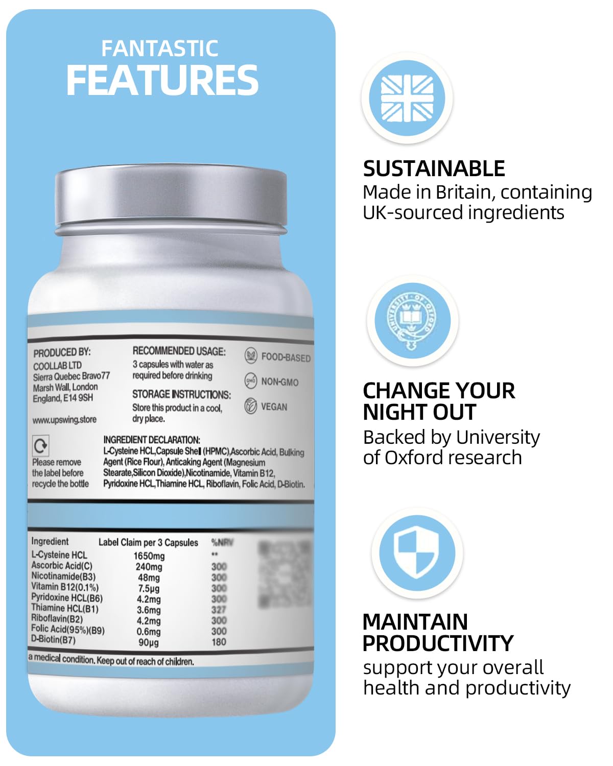 Upswing Pre & Post Drinking Supplement Vitamin B Complex Capsule, 60 Capsules