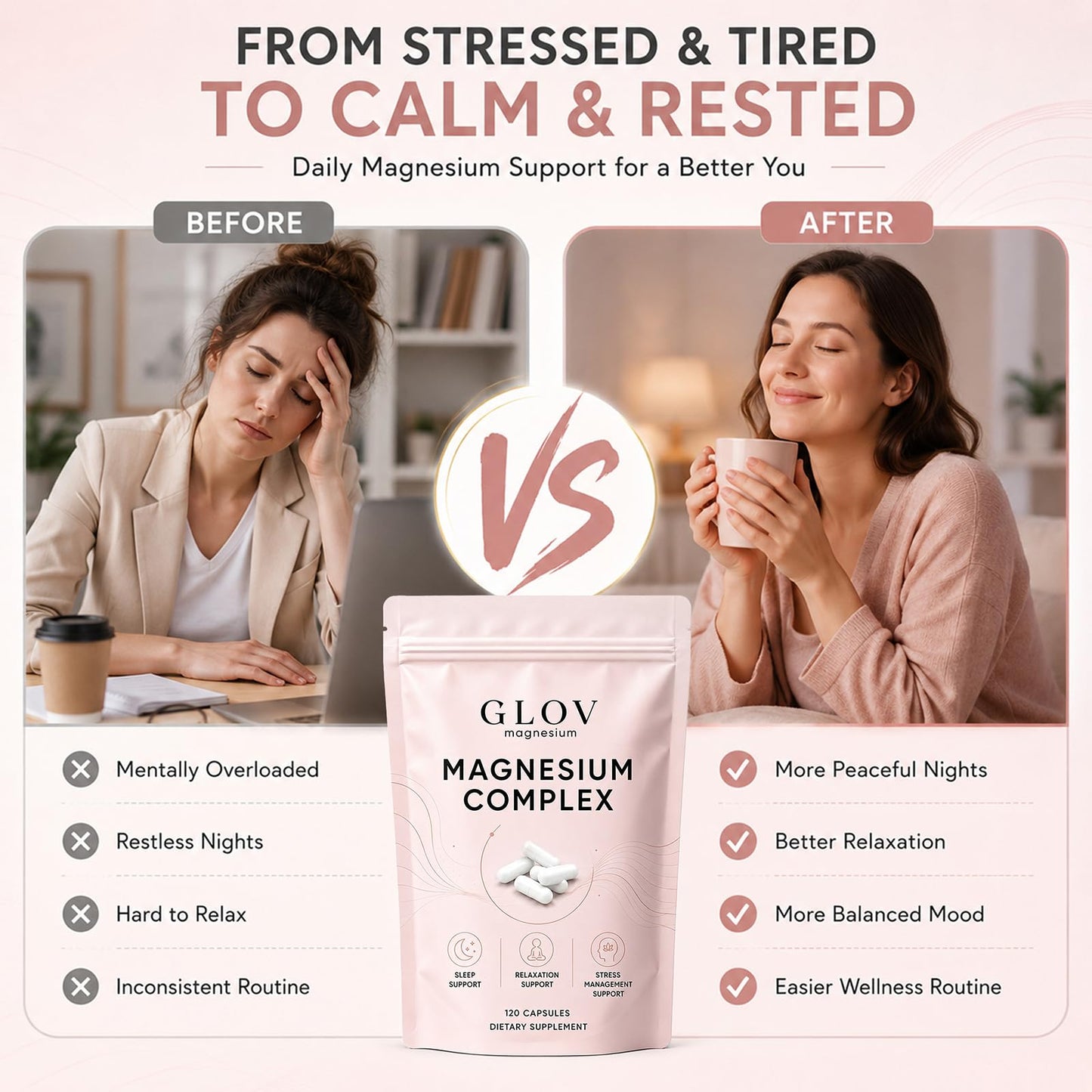 HERIVA GLOV Magnesium Complex for Women, Cortisol Balance Capsules, 120 Capsules