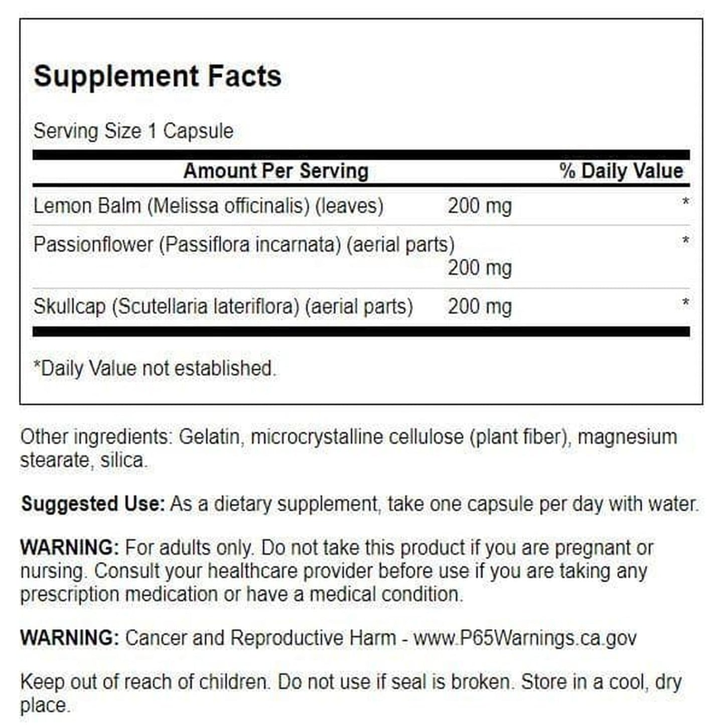 Swanson Lemon Balm Passion Flower Skullcap Complex Capsules 180