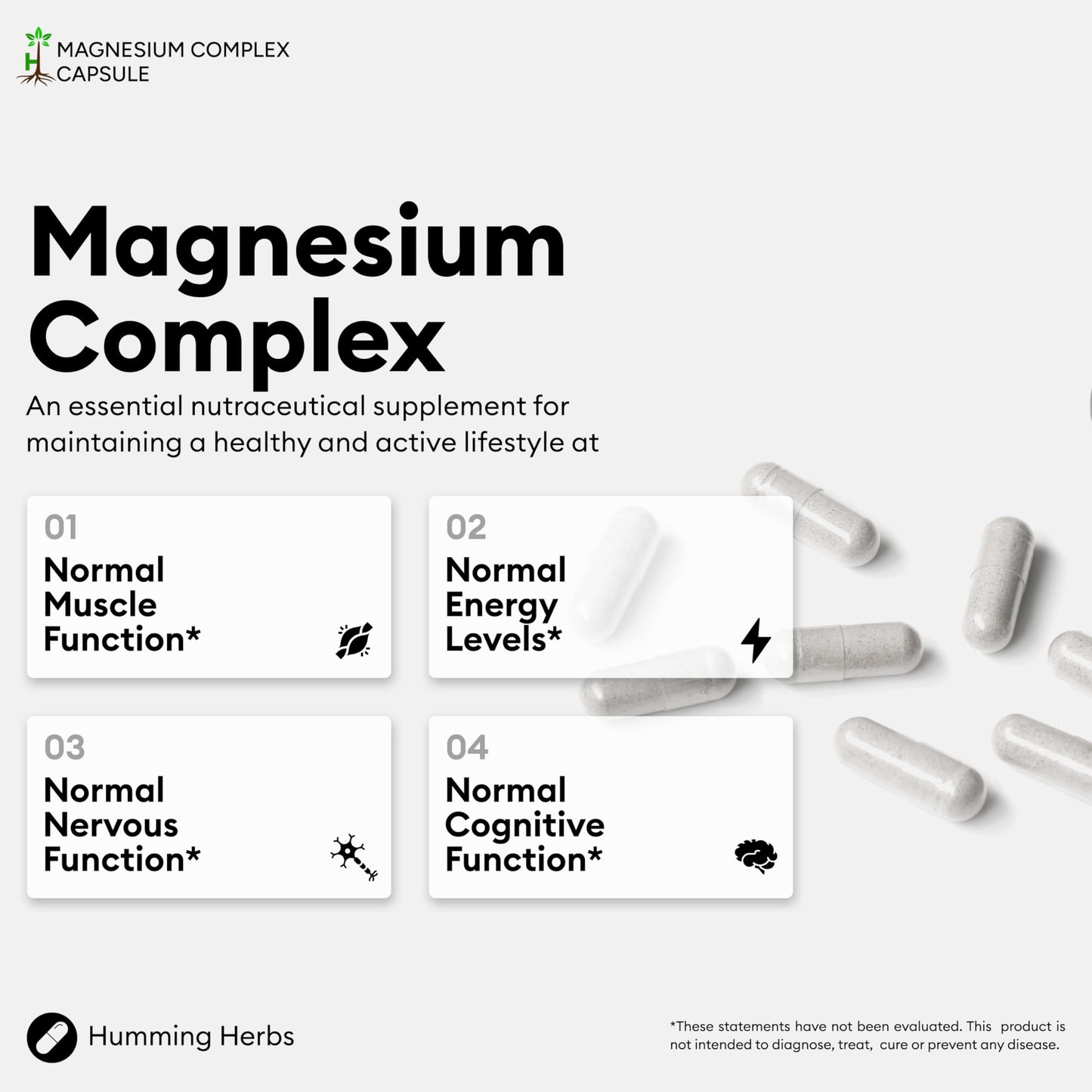 Humming Herbs Magnesium Complex Chelated Supplement 500mg, 120 Vegan Capsules