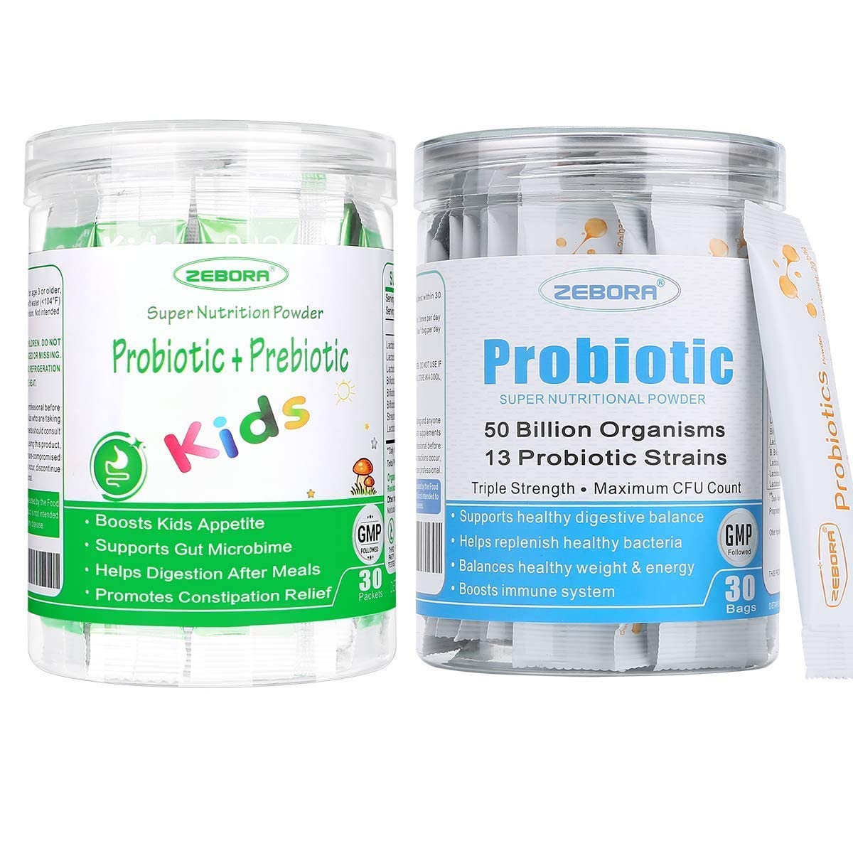 ZEBORA Probiotics & Prebiotics Powder for Digestive and Immune Health, 30 Bags