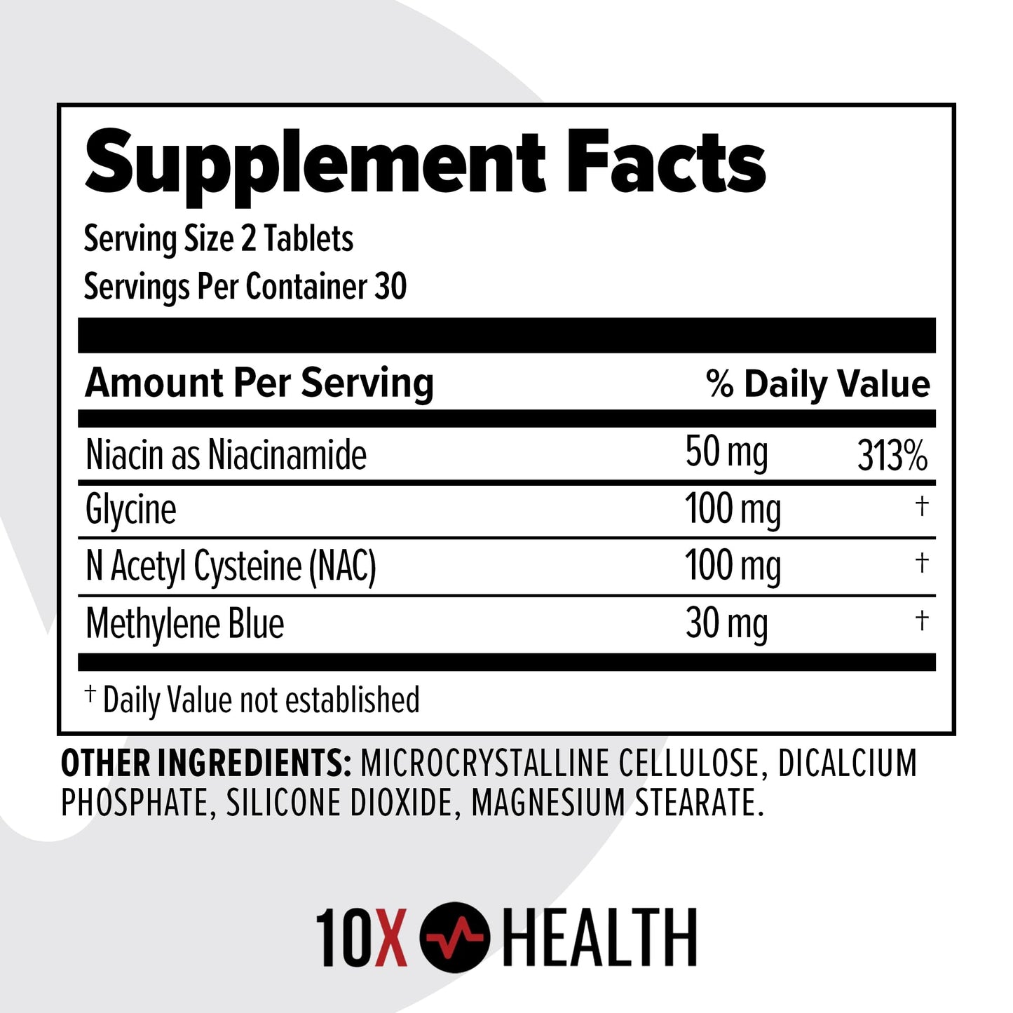 10X Health System Methylene Blue Tablets - Methylene Blue Supplement with NAC, Niacinamide & Glycine - Supports Cellular Energy, Focus & Cognitive Function, 60 Tablets